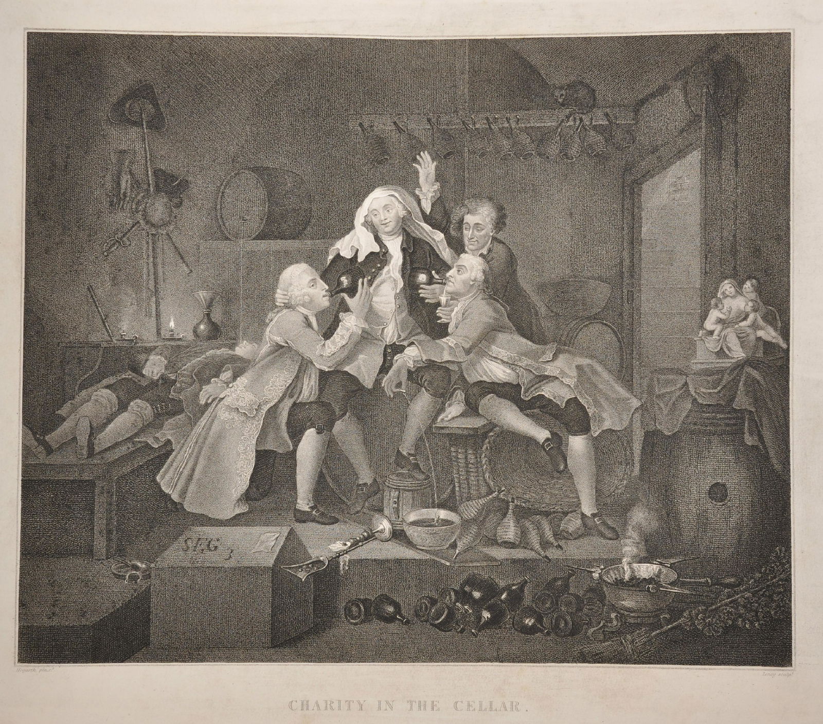 William Hogarth (1697-1764) British. "Charity in the: William Hogarth (1697-1764) British. "Charity in the Cellar", Engraving, Unframed, 12.75" x 15.5", together with a Print relating to the Subject, Two (2).
