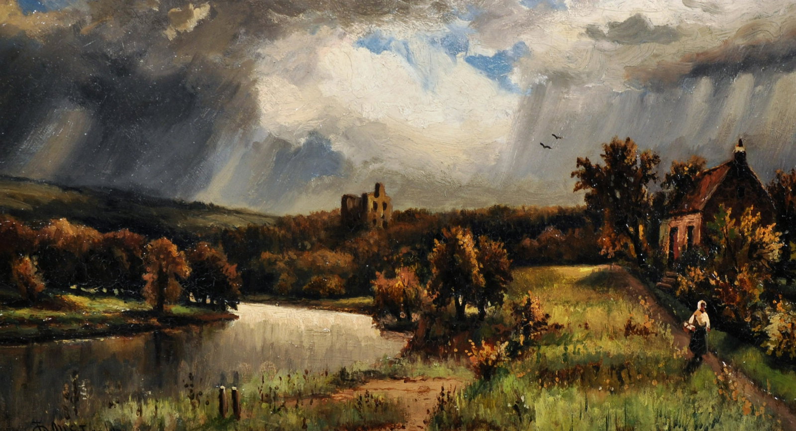 Duncan Fraser McLea (1841-1916) British. A Figure: Duncan Fraser McLea (1841-1916) British. A Figure Walking on a Riverside Path, with a Ruins in the distance, Oil on Board, Signed and Dated '03, 9.5" x 17.5".