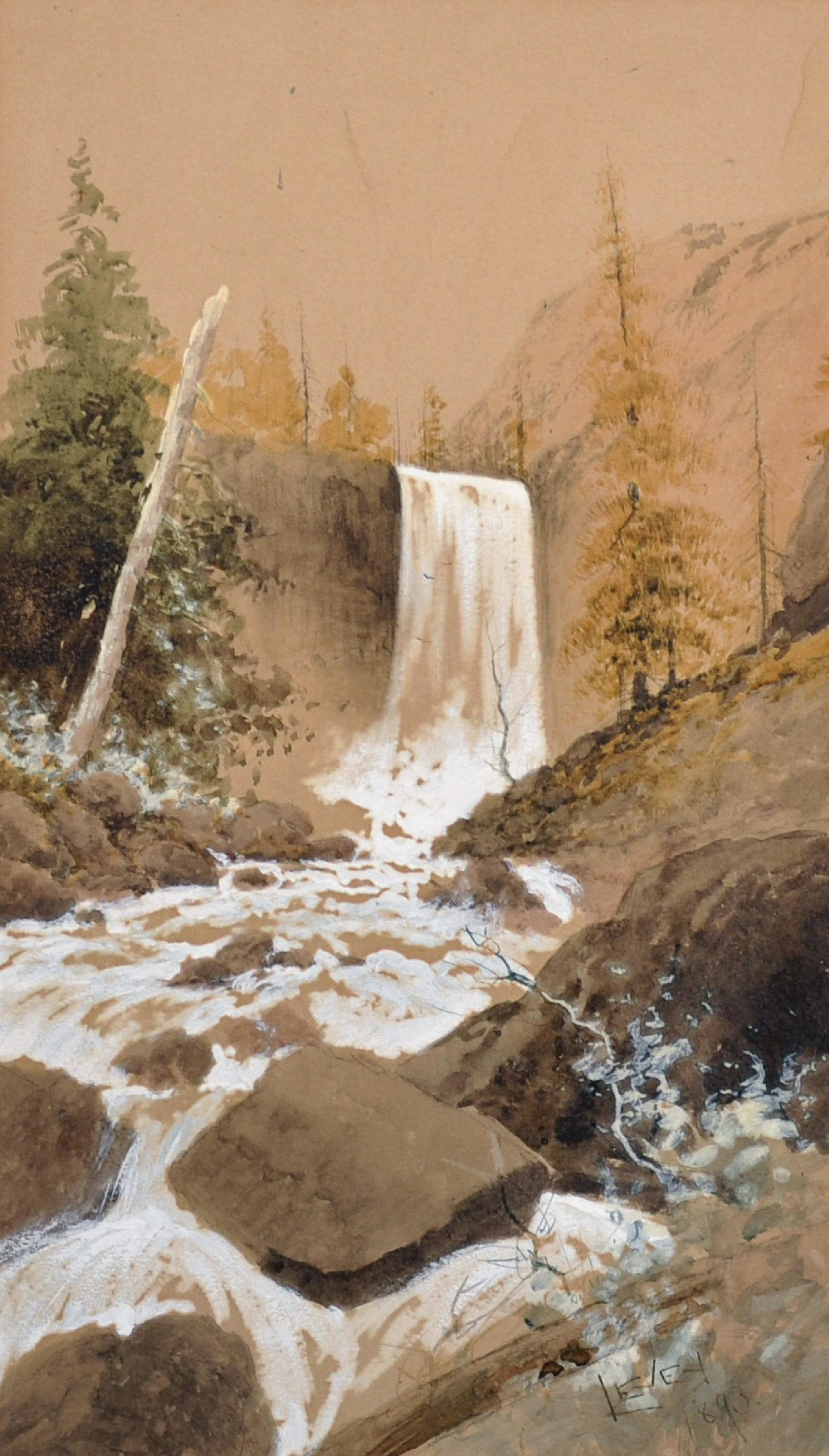 Levey (19th Century) American. "Yosemite Falls", a: Levey (19th Century) American. "Yosemite Falls", a River Landscape with a Waterfall, Watercolour heightened with White, Signed and Dated 1893, and Inscribed on the reverse, 12" x 6.75", and the compan