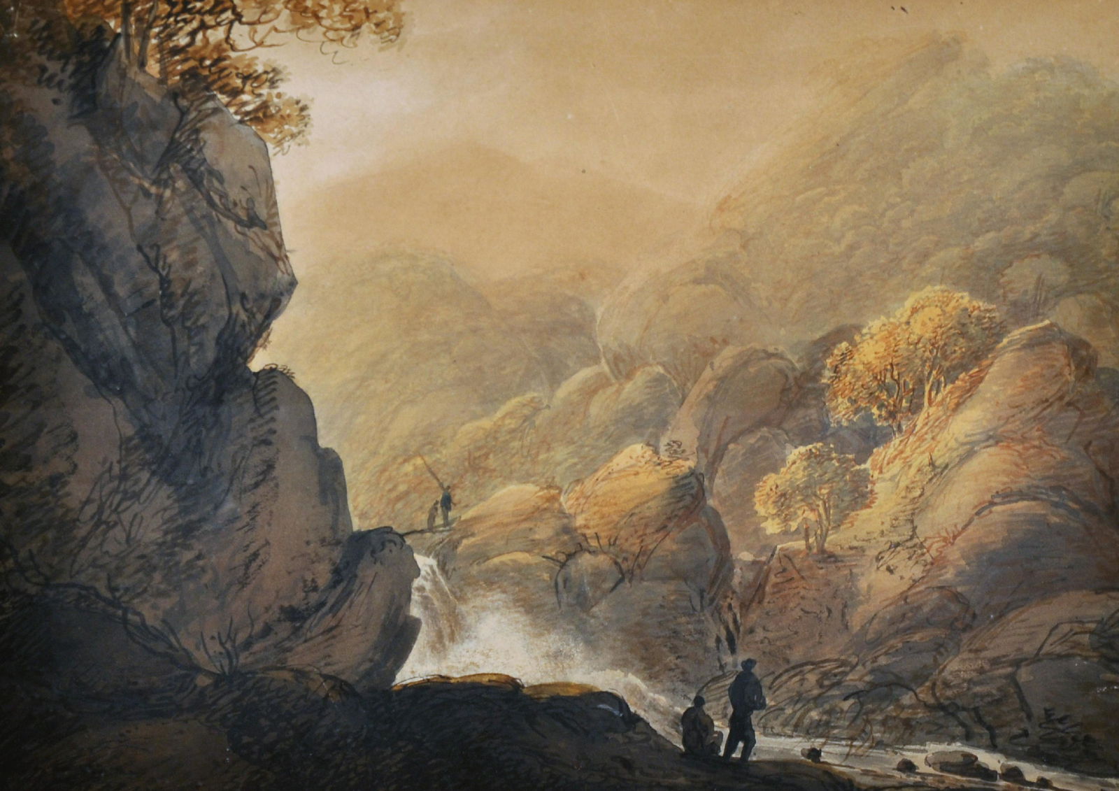 William Payne (1755/60-c.1830) British. A Rocky: William Payne (1755/60-c.1830) British. A Rocky Mountainous Landscape, with Figures by a River in Spate, Watercolour, Inscribed on a label on the reverse, 11.5" x 16".