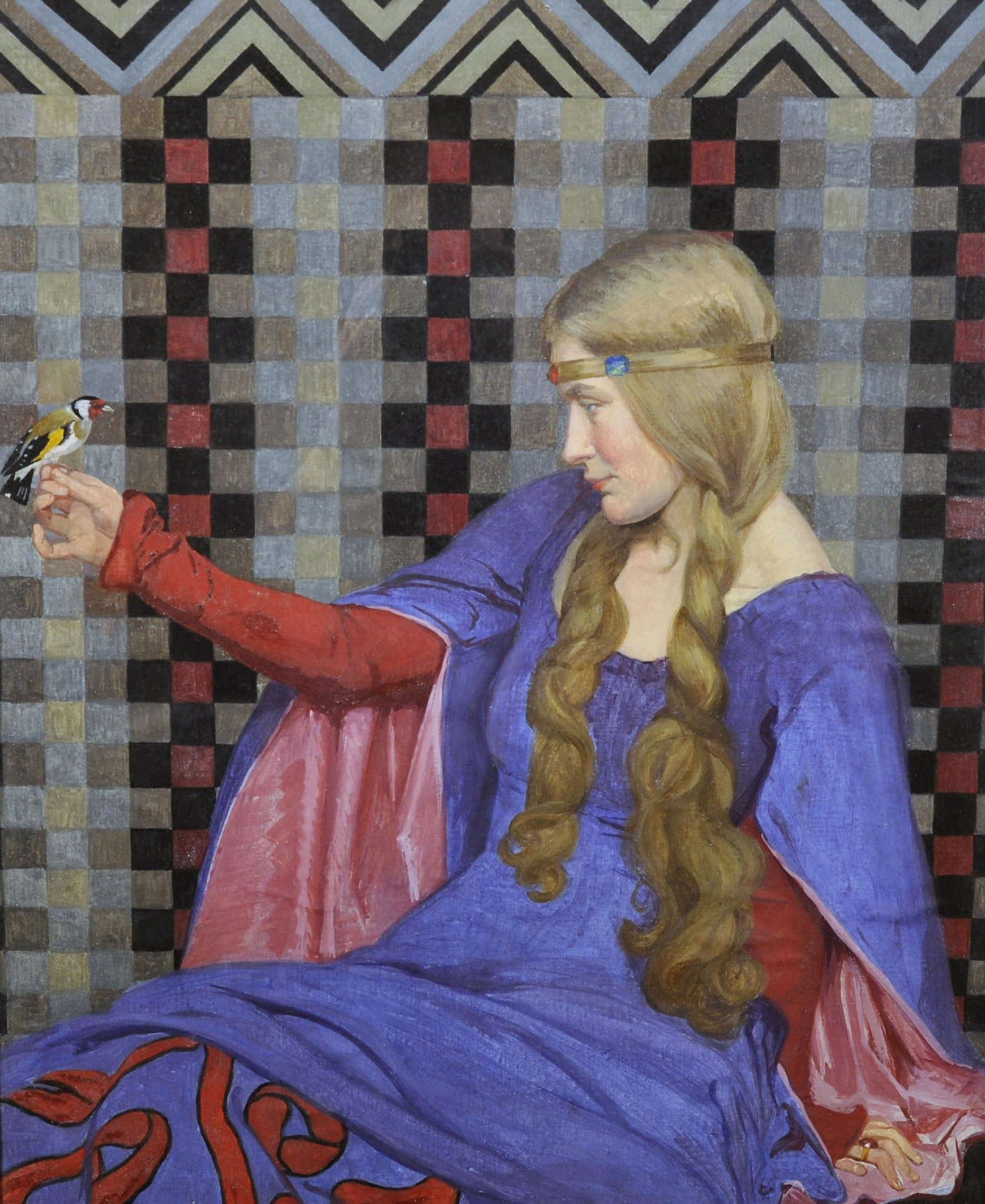 Cohen (20th Century) British. A Pre-Raphaelite Lady: Cohen (20th Century) British. A Pre-Raphaelite Lady holding a Goldfinch, Oil on Board, Signed, and Inscribed on a label on the reverse, 26.5" x 21.5".