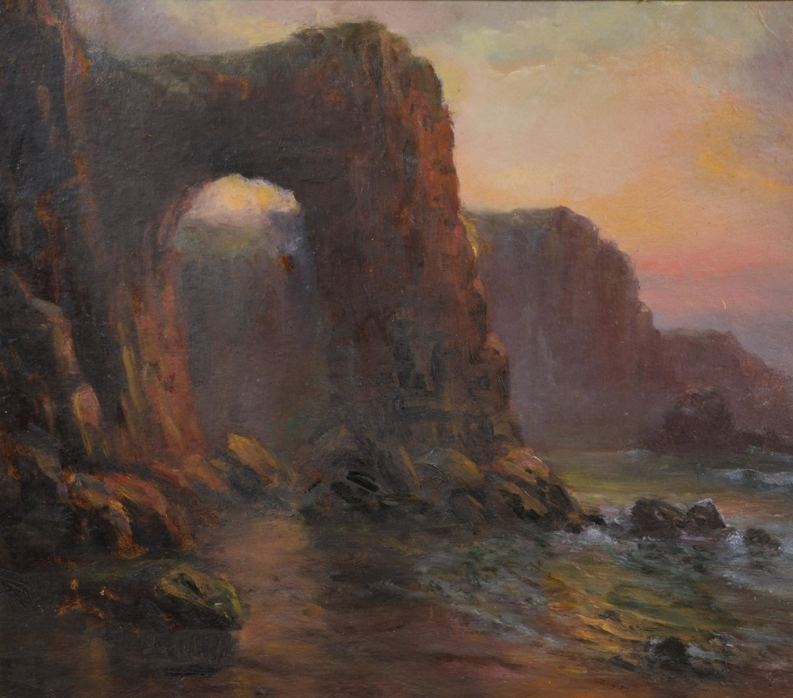 Attributed to Garstin Cox (1892-1933) British. "Sunset: Attributed to Garstin Cox (1892-1933) British. "Sunset on the Cornish Coast", Oil on Board, Inscribed on the reverse, 18" x 20.5".