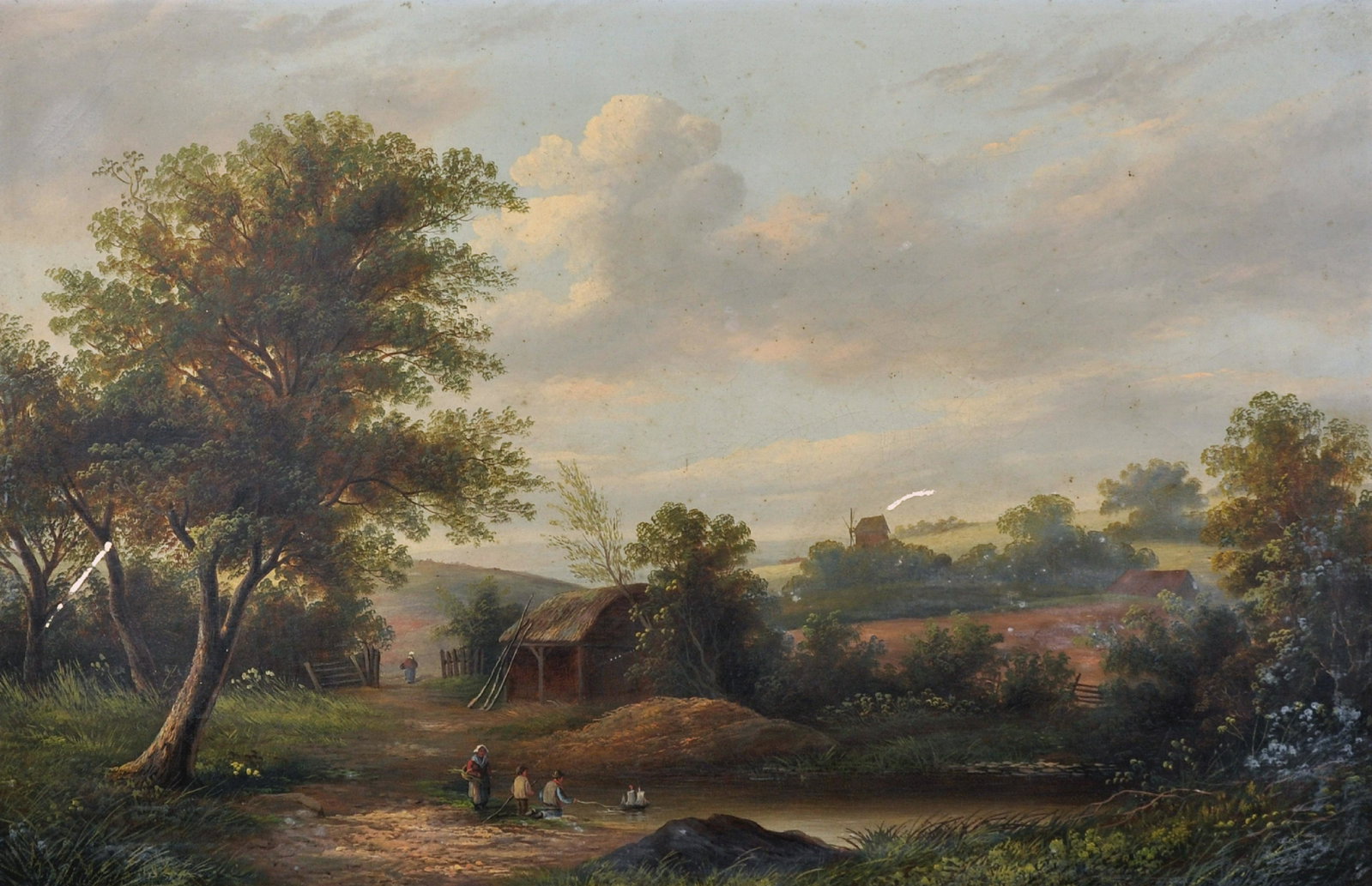 Attributed to William Yates (19th - 20th Century): Attributed to William Yates (19th - 20th Century) British. A River Landscape, with Figures by a Pond, Oil on Canvas, 20" x 30".