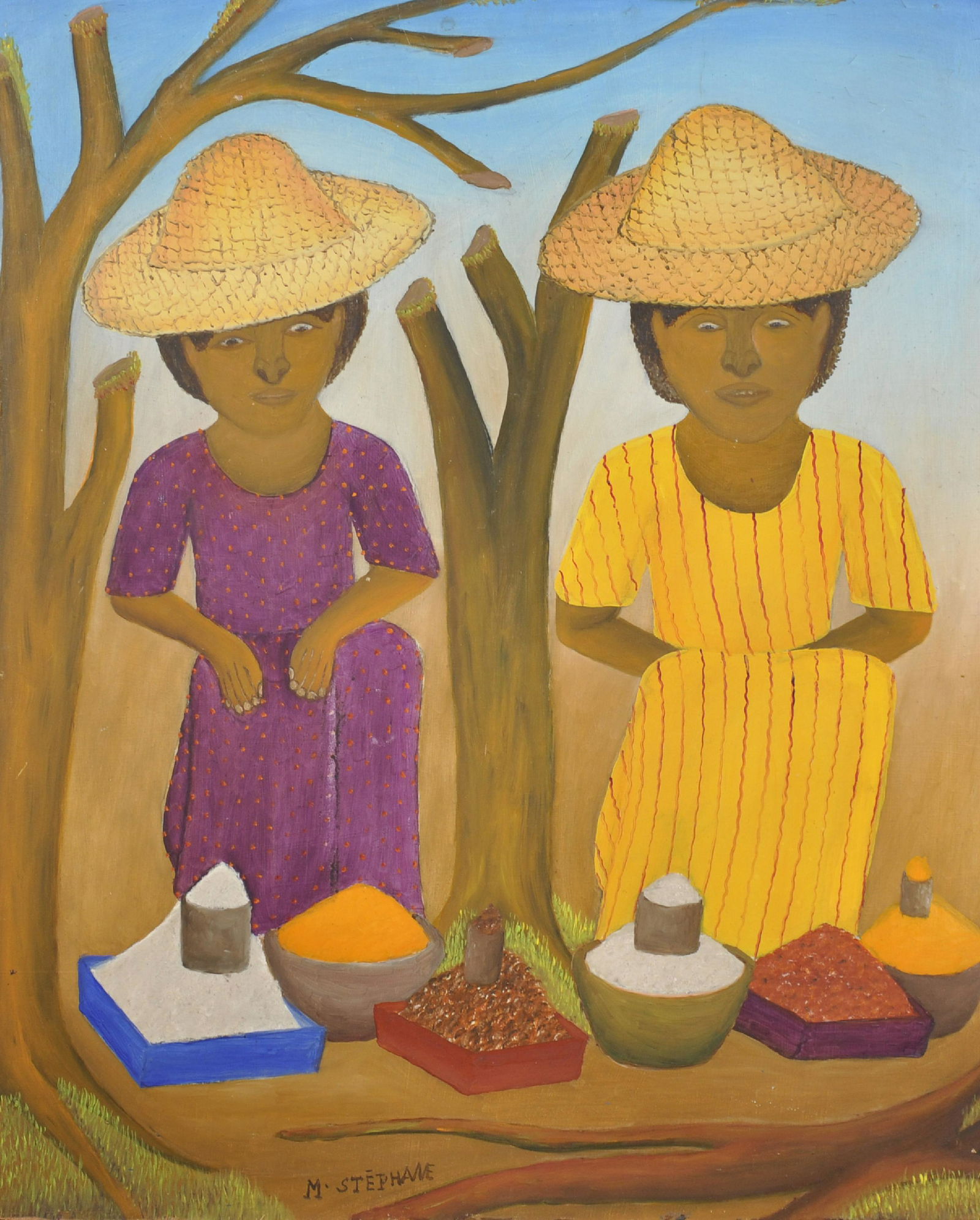 Micius Stephane (1912-1966) Haitian. Study of two: Micius Stephane (1912-1966) Haitian. Study of two Ladies Selling their Wares, Oil on Board, Signed, Unframed, 24" x 20".