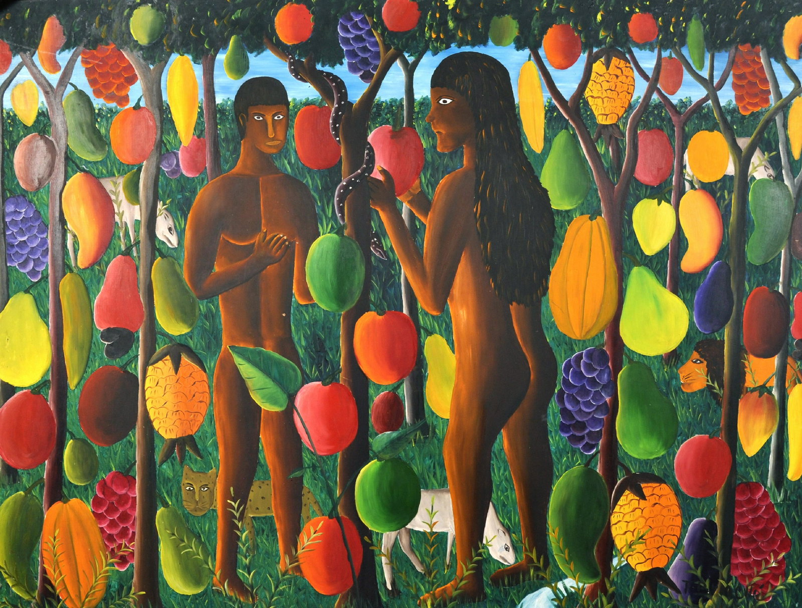 Felix Brioche (1937- ) Haitian. Adam and Eve in the: Felix Brioche (1937- ) Haitian. Adam and Eve in the Garden, with the Serpent, Oil on Board, Signed, 30" x 40".