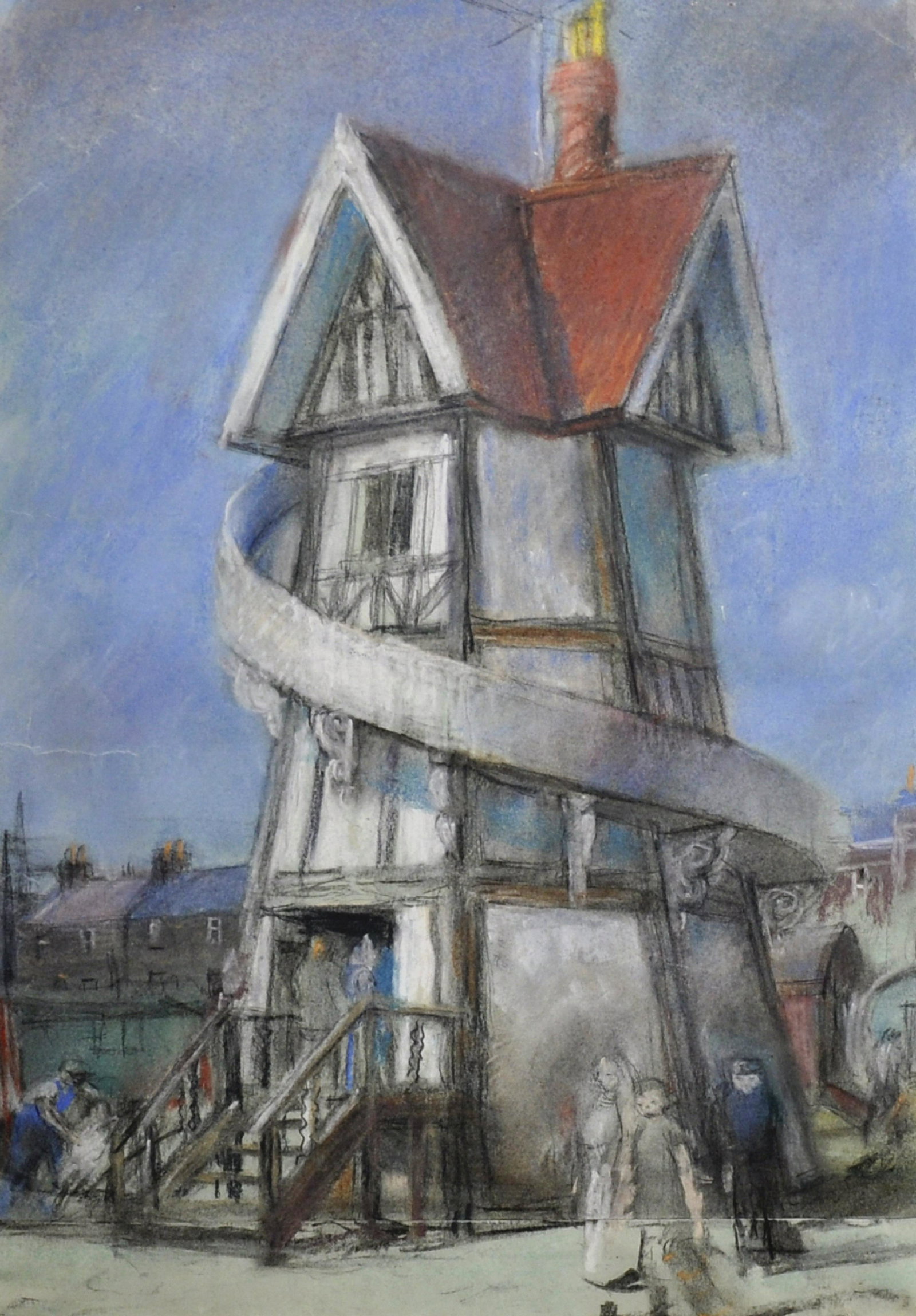 Denis William Reed (1917-1979) British. Figures by a: Denis William Reed (1917-1979) British. Figures by a Helter Skelter, Pastel on joined paper, and with the Artist's Studio Stamp on the reverse, 17.75" x 11.5". Exhibited: 'Denis Reed Paintings', Royal