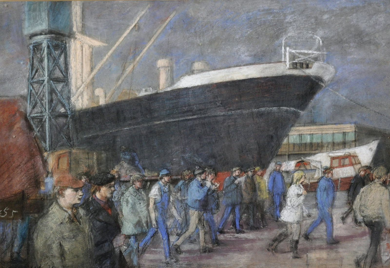 Denis William Reed (1917-1979) British. Figures in a: Denis William Reed (1917-1979) British. Figures in a Dockyard, Pastel, Signed and Dated '71, and with the Artists's Studio Stamp on the reverse, 15" x 21". Provenance: Colin Denny Ltd, London. Exhibit