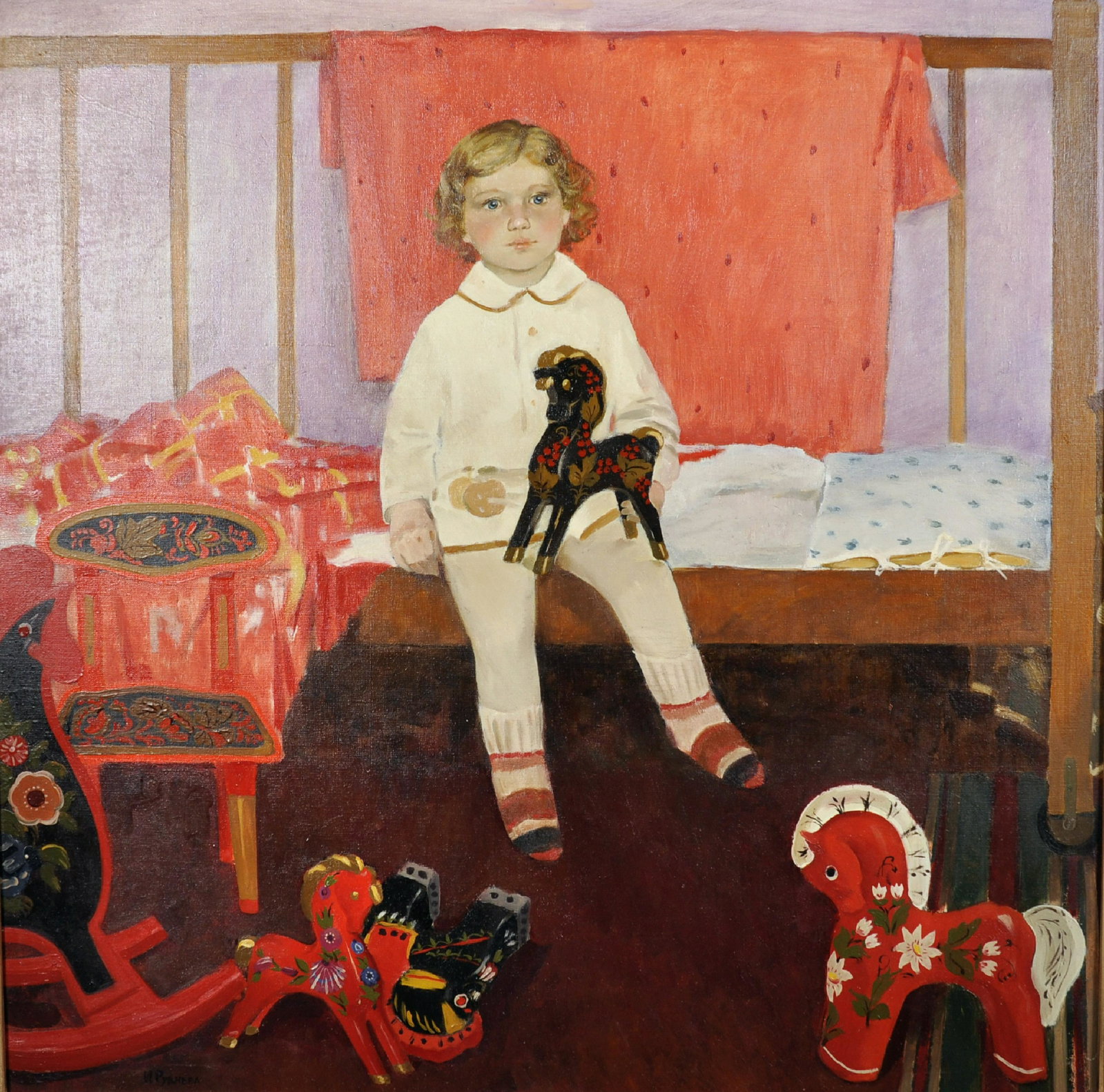 Irina Rudneva Vassilevna (1946- ) Russian. "Little: Irina Rudneva Vassilevna (1946- ) Russian. "Little boy on the bed", Holding a Wooden Horse, Oil on Canvas, Signed, and Inscribed on the reverse in Cyrillic, 35" x 35".