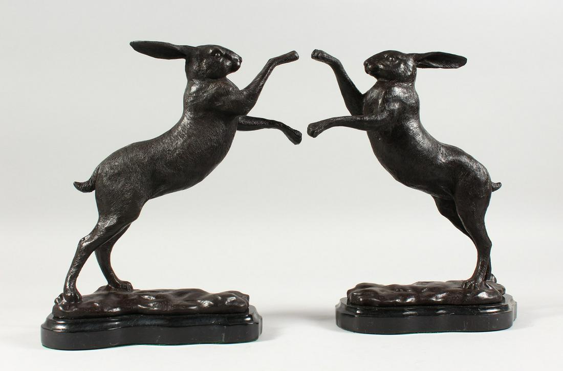 A PAIR OF SMALL BRONZE MODELS OF BOXING HARES, on: A PAIR OF SMALL BRONZE MODELS OF BOXING HARES, on marble bases. 12ins high.