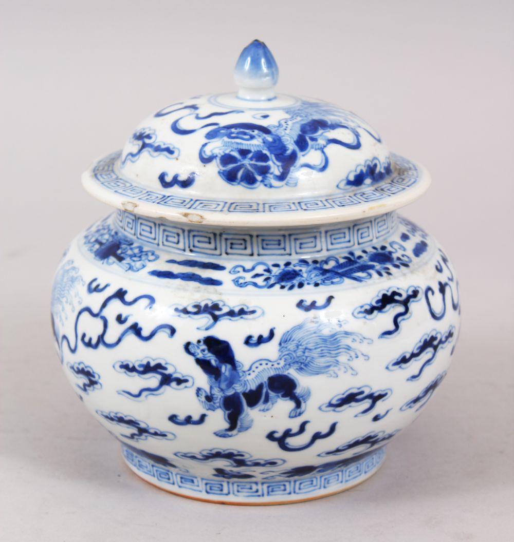 A 19TH CENTURY CHINESE BLUE & WHITE JAR AND COVER, (1 of 8)