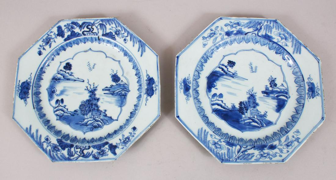 A PAIR OF 18TH CENTURY CHINESE BLUE & WHITE PORCELAIN: A PAIR OF 18TH CENTURY CHINESE BLUE & WHITE PORCELAIN OCTAGONAL PLATES, both decorated with landscape scenes, 21.5cm diameter.