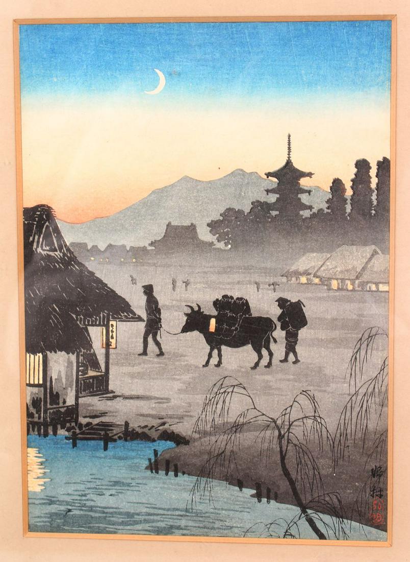 A GOOD JAPANESE MEIJI PERIOD WOODBLOCK PRINT BY SHOTEI,: A GOOD JAPANESE MEIJI PERIOD WOODBLOCK PRINT BY SHOTEI, titled " returning homeward in the evening", artist signed and sealed, presented in a good bamboo style frame and measuring 50.5cm x 35.5cm.