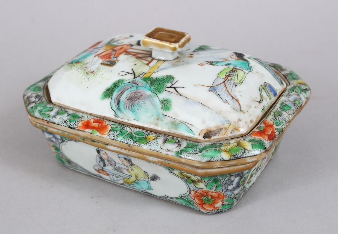 A GOOD 19TH CENTURY CHINESE CANTON FAMILLE ROSE: A GOOD 19TH CENTURY CHINESE CANTON FAMILLE ROSE PORCELAIN SOAP DISH & COVER, decorated with scenes of a lady and children interior, further decorated with panels of birds amongst flora and surrounded 