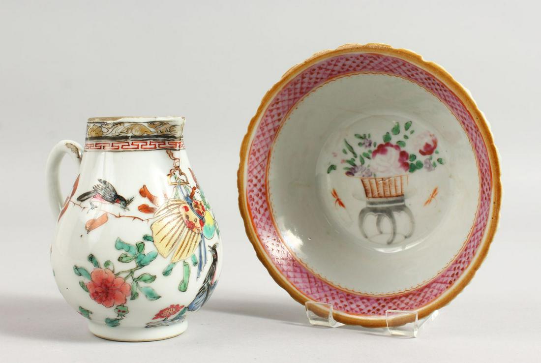 A 19TH CENTURY CHINESE FAMILLE ROSE BOWL, 4.5ins and a: A 19TH CENTURY CHINESE FAMILLE ROSE BOWL, 4.5ins and a 19TH CENTURY SPARROW BEAK JUG.