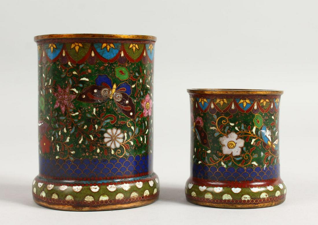 TWO JAPANESE MEIJI CLOISONNE ENAMEL BRUSH POTS / SPILL (1 of 13)