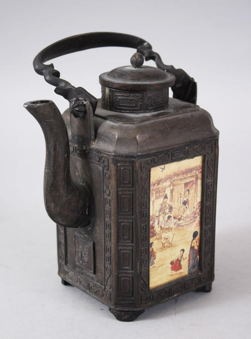 A CHINESE SOFT METAL TEA KETTLE, with four panels (1 of 7)