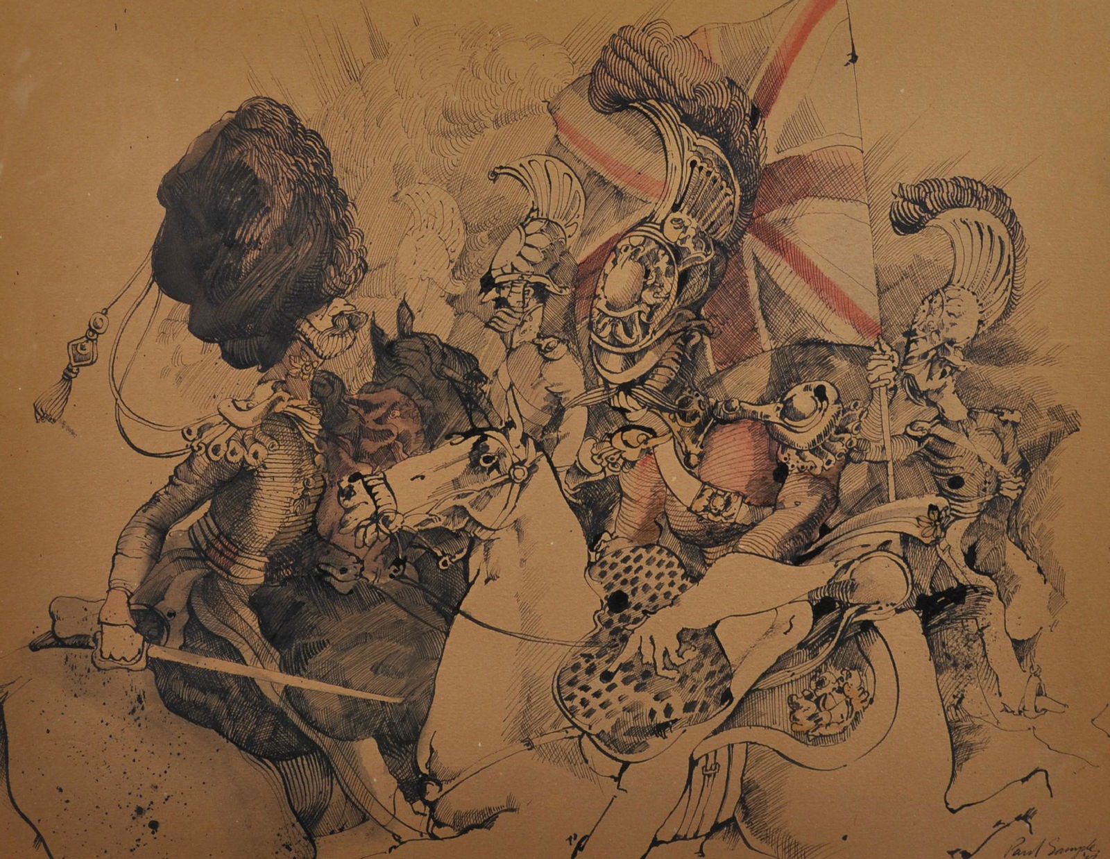 Paul Sample (1947- ) British. The British Mounted: Paul Sample (1947- ) British. The British Mounted Cavalry, Ink and Watercolour, Signed and Dated '62, 15" x 19.75", and a companion piece, a Pair (2)