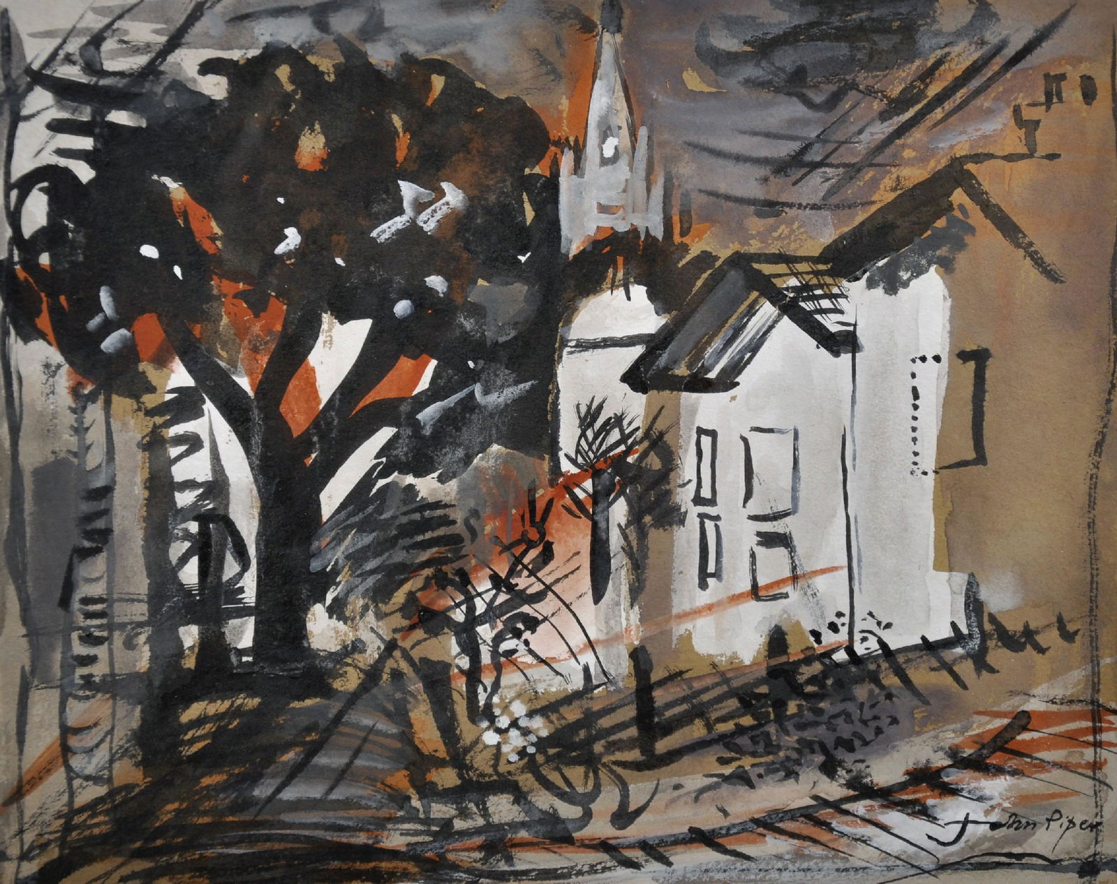 John Piper (1903-1992) British. A Village Street Scene: John Piper (1903-1992) British. A Village Street Scene in France, with a Church in the distance, Watercolour, Signed, 7" x 9".