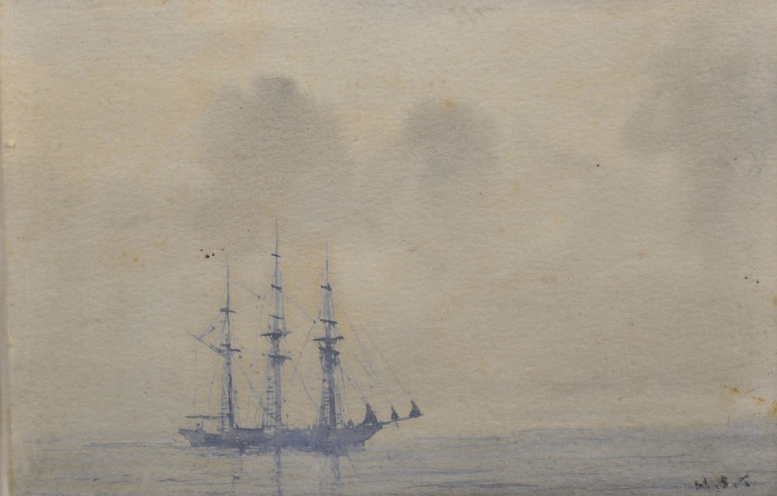 Circle of Henry Scott Tuke (1858-1929) British. A Three: Circle of Henry Scott Tuke (1858-1929) British. A Three Masted Boat in Still Waters, Watercolour, bears Initials, 4.25" x 5".