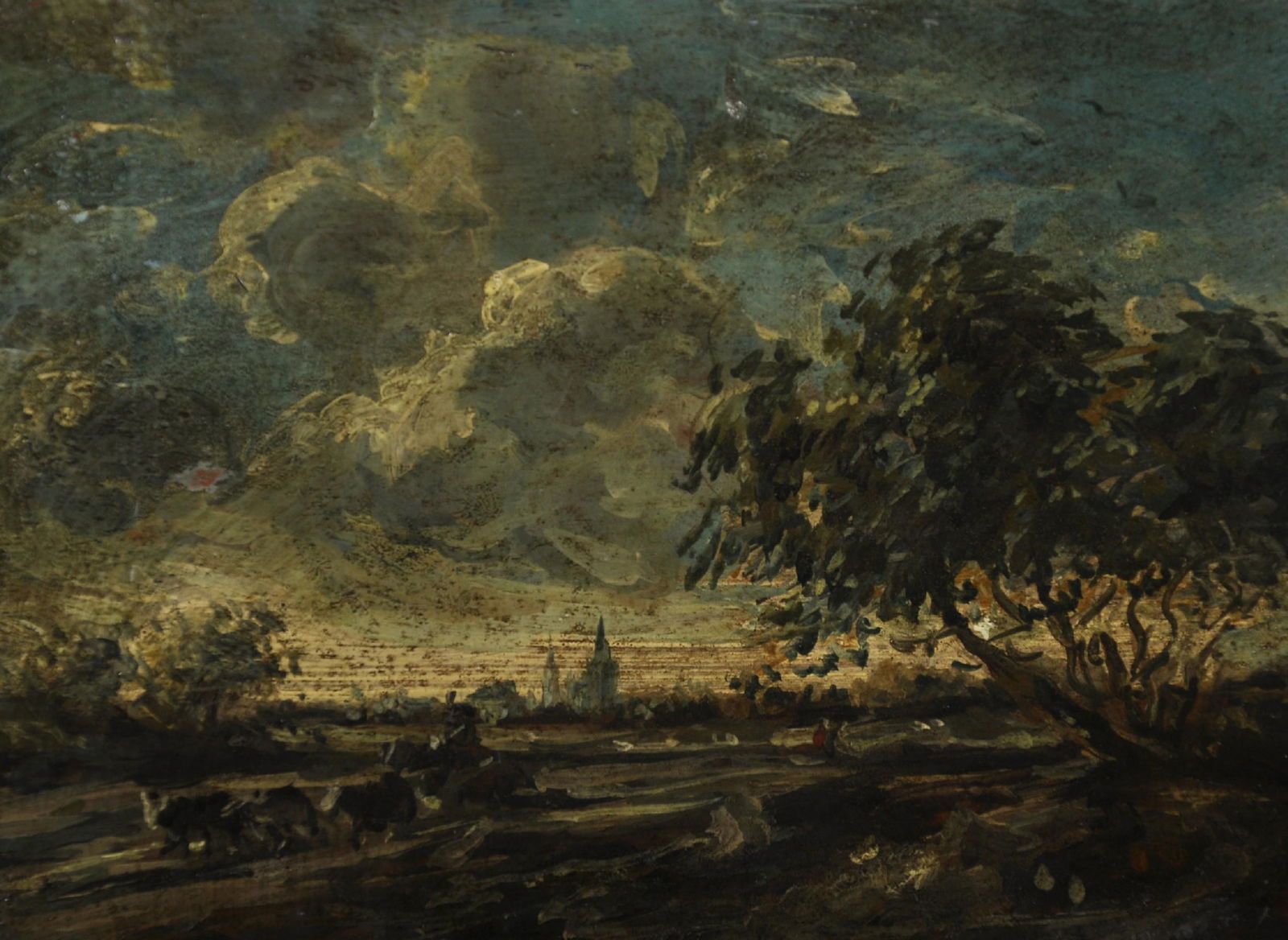 After John Constable (1776-1837) British. A Stormy: After John Constable (1776-1837) British. A Stormy Landscape, with a Drover on Horseback and Cattle in the foreground, Oil on Panel, Unframed, 5" x 6.75".