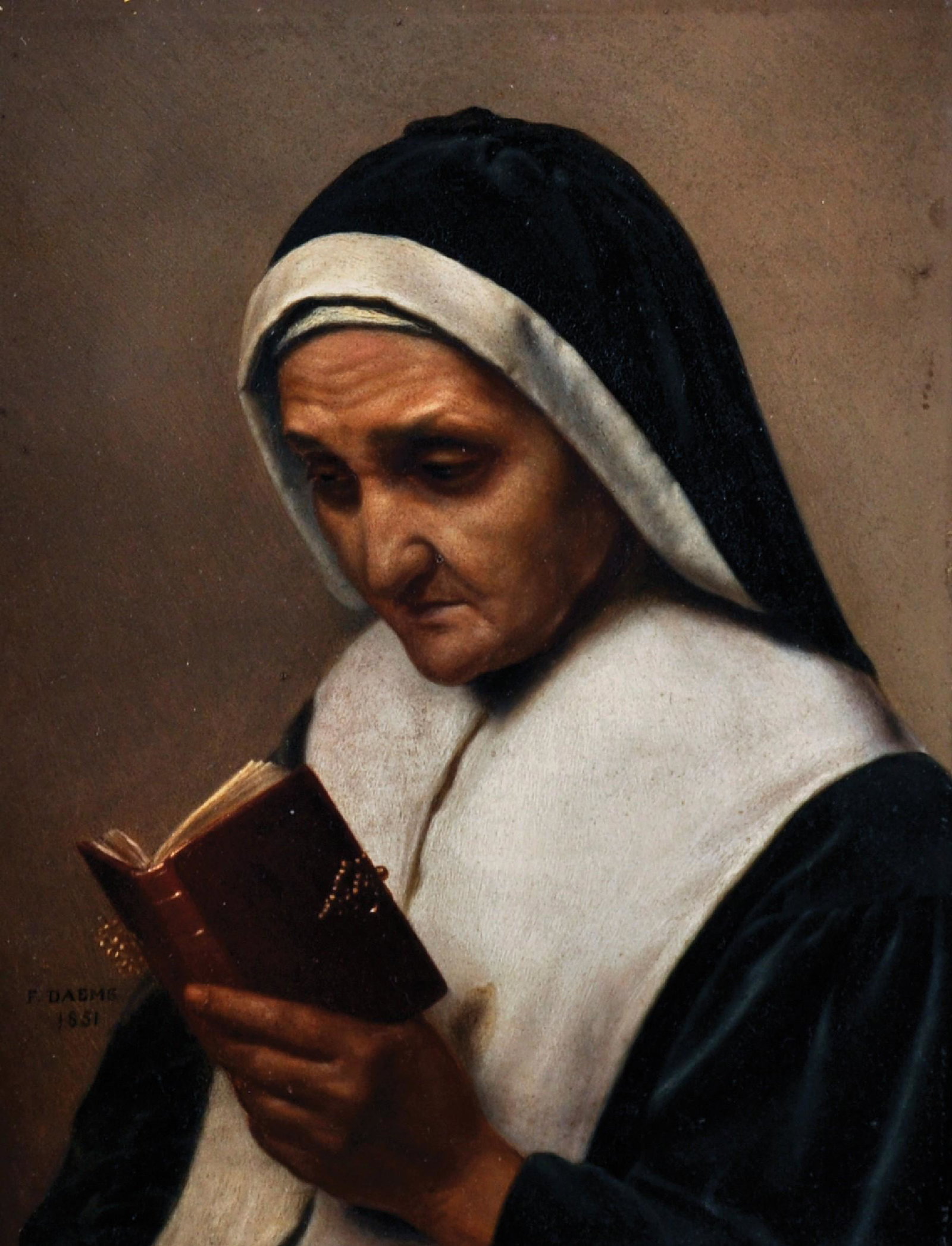 Ferdinand Daems (1809-1875) Flemish. Study of a Nun: Ferdinand Daems (1809-1875) Flemish. Study of a Nun reading, Oil on Panel, Signed and Dated 1851, 8.75" x 6.75".