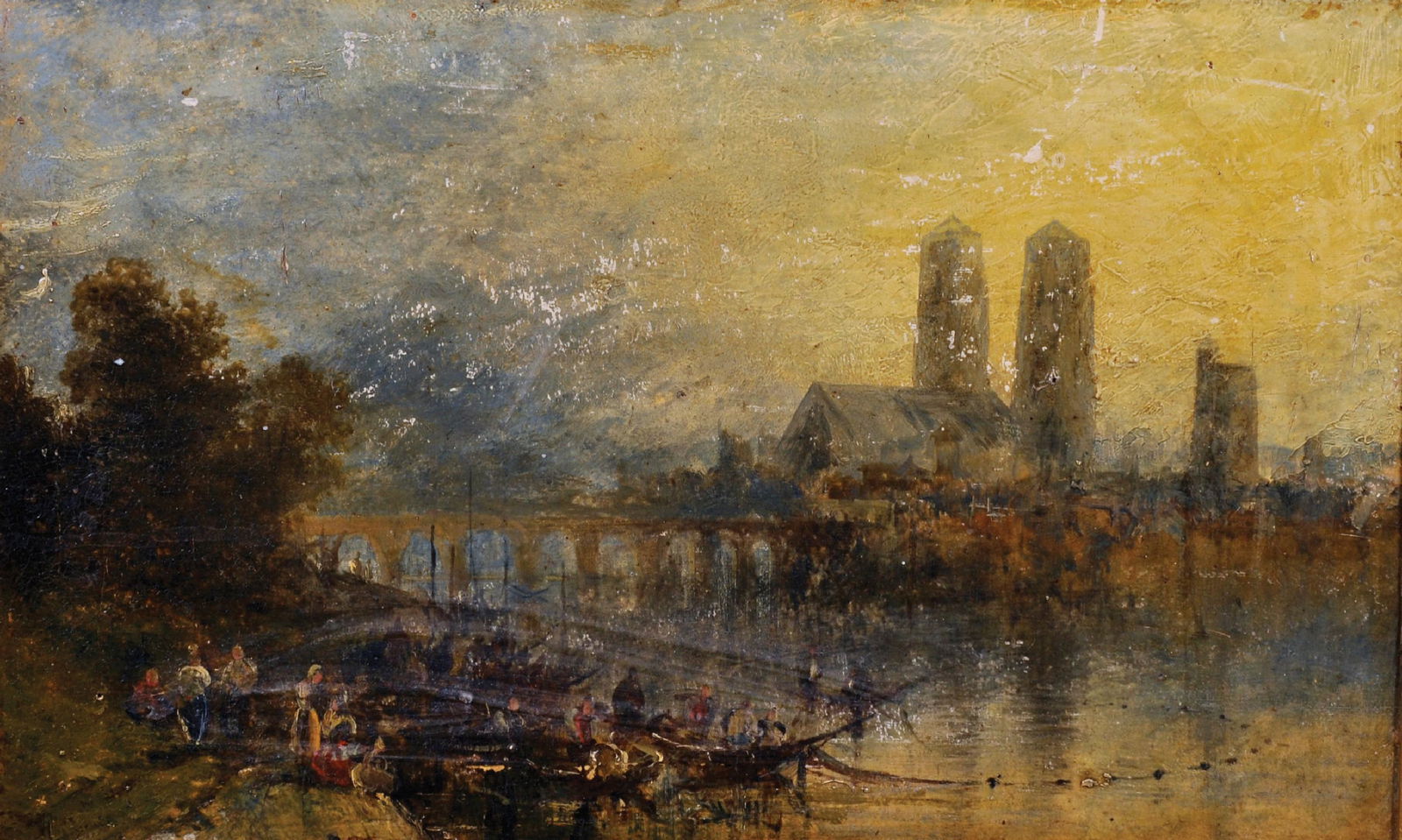 Circle of Henry Thomas Dawson (act.1860-1896) British.: Circle of Henry Thomas Dawson (act.1860-1896) British. A River Scene with Figures and Boats, and a Church in the distance, Oil on Panel, 10.5" x 17".
