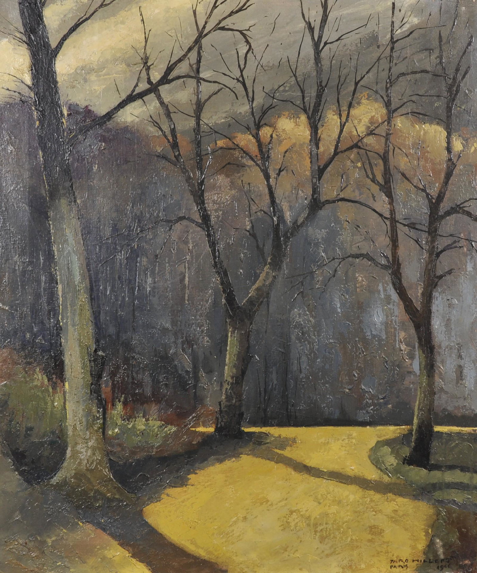 Jaro Hilbert (1897-1995) Slovenian/French. 'Soleil: Jaro Hilbert (1897-1995) Slovenian/French. 'Soleil l'hiver', a Path Through the Woods, Oil on Canvas, Signed, Inscribed 'Paris' and Dated 1966, and Signed and Inscribed on the reverse, Unframed, 23.5"