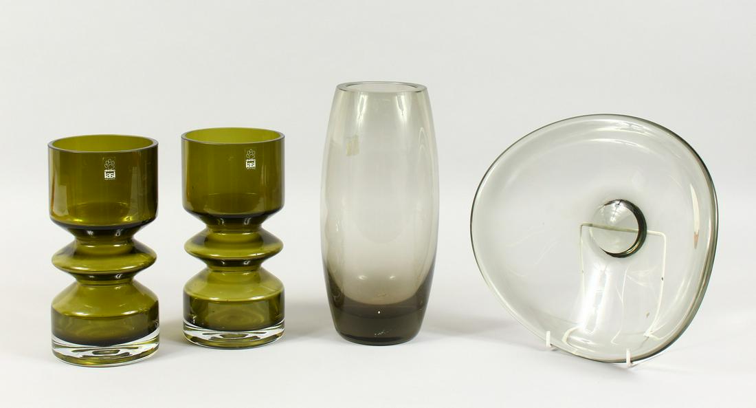 HOLMEGAARD, DENMARK, a tall cylindrical glass vase;: HOLMEGAARD, DENMARK, a tall cylindrical glass vase; together with a similar dish and a pair of RIIHIMAEN, FINLAND green glass vases (4).