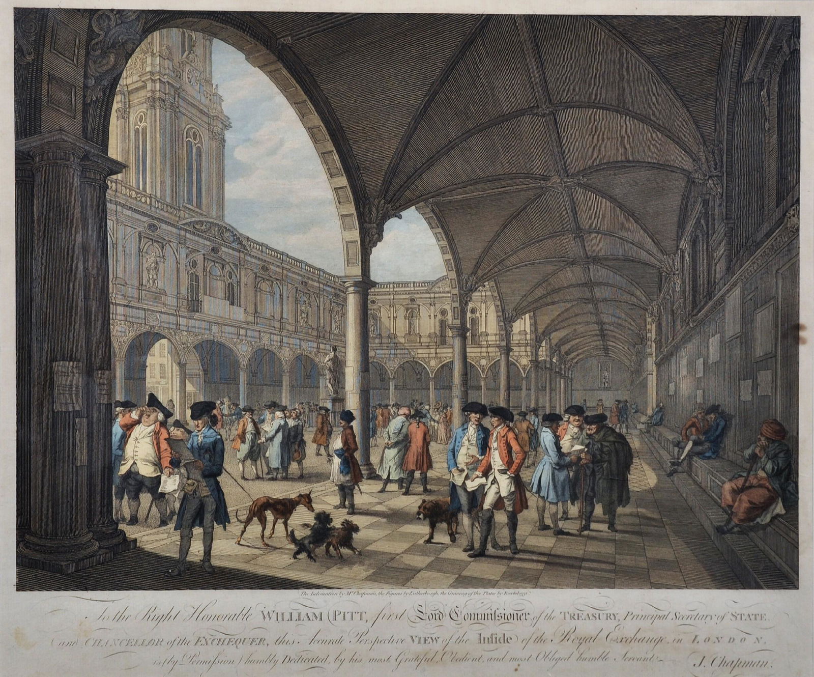 Francesco Bartolozzi (1727-1815) Italian. The Right: Francesco Bartolozzi (1727-1815) Italian. The Right Honorable William Pitt, Chancellor of the Exchequer, inside the Royal Exchange in London, Copper Engraving, 17.5" x 21.5".