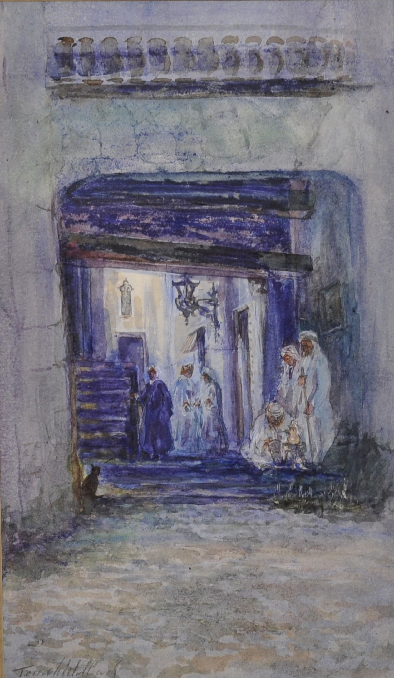 Terrick John Williams (1860-1936) British. "Figures by: Terrick John Williams (1860-1936) British. "Figures by Gateway in an Arab Town", Watercolour, Signed, and Inscribed on a label on the reverse, Unframed, 10" x 6".