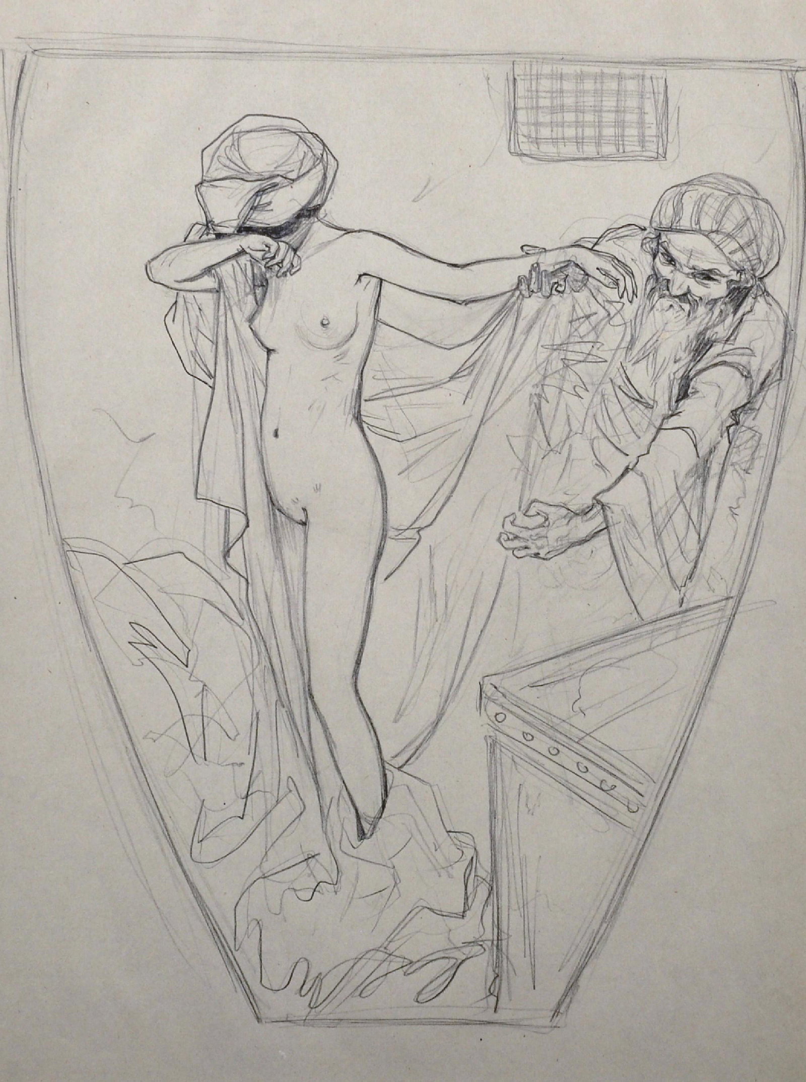 Raphael Kirchner (1876-1917) British. Study of a Naked: Raphael Kirchner (1876-1917) British. Study of a Naked Girl, with a Middle Eastern Figure beyond, Pencil, Unframed, 15" x 11.5".