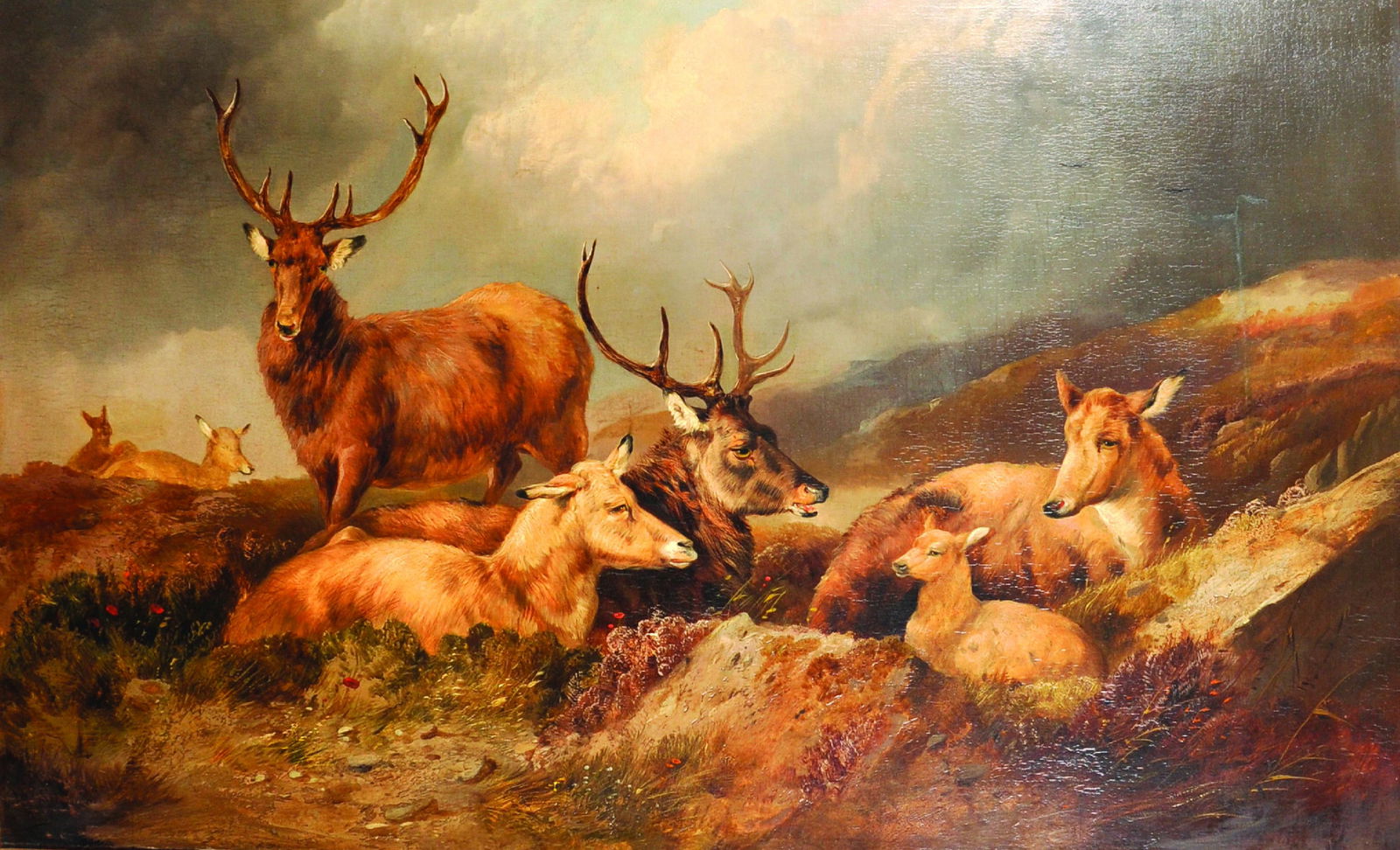 John Charles Morris (act.1851-1889) British. A Herd of: John Charles Morris (act.1851-1889) British. A Herd of Red Deer in a Mountainous Landscape, with Two Stags, Two Hinds and Three Calves, Oil on Canvas, Signed and Dated 1863, 30" x 50".