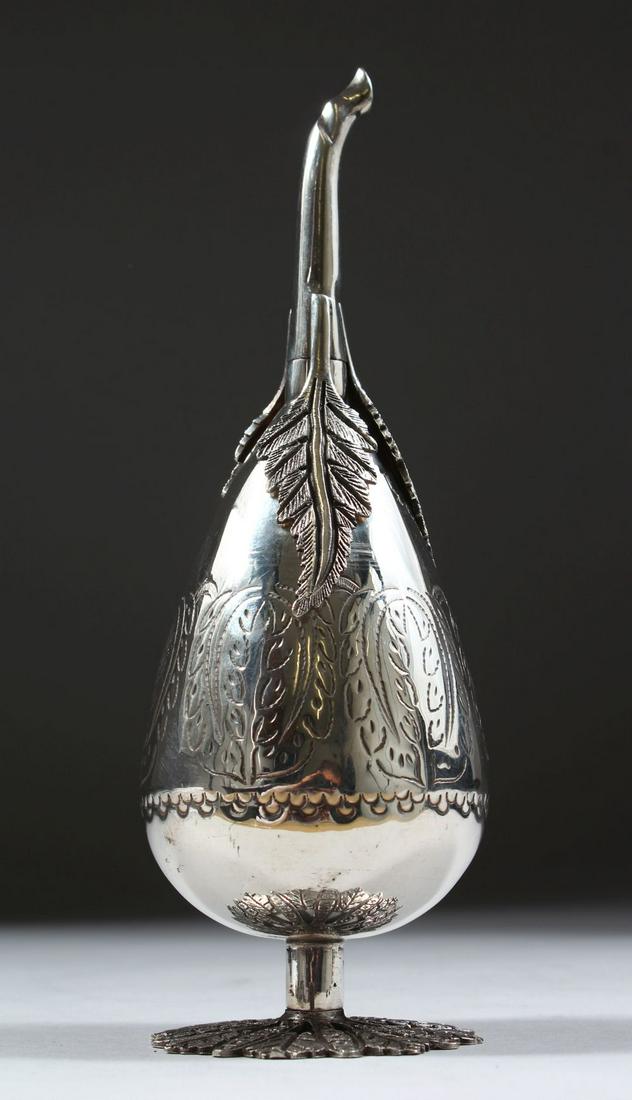 A GOOD TURKISH SOLID SILVER ROSE WATER SPRINKLER, with: A GOOD TURKISH SOLID SILVER ROSE WATER SPRINKLER, with moulded leaf decoration, 19cm high.