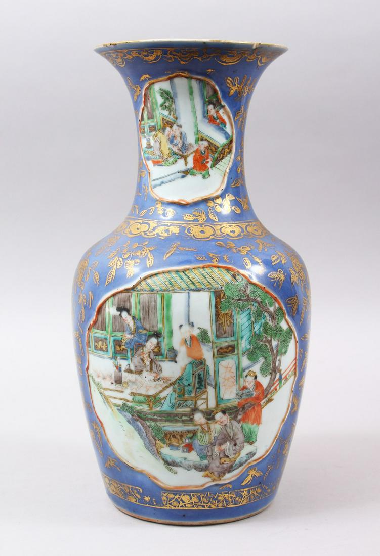 A 19TH CENTURY CHINESE FAMILLE ROSE PORCELAIN VASE,: A 19TH CENTURY CHINESE FAMILLE ROSE PORCELAIN VASE, the vase with a light blue ground with four panels of everyday life in china, with highlighted displays of gilded flora and borders, 33.5cm high x 1