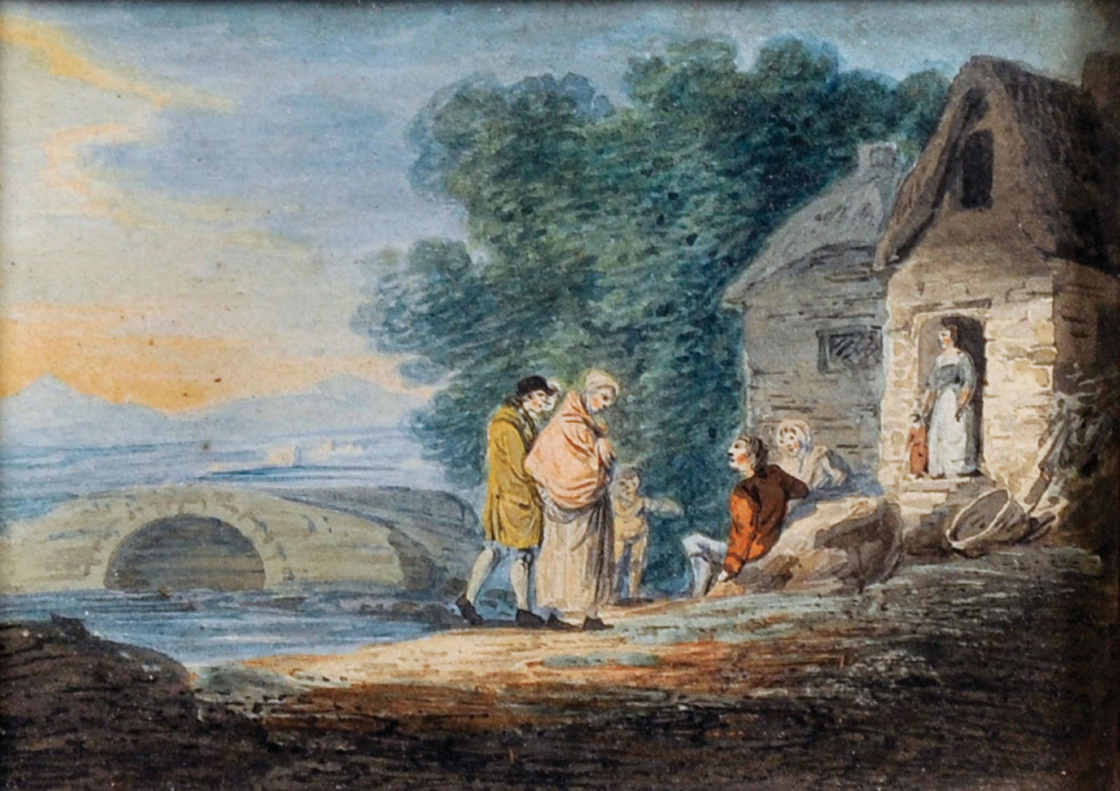 William Payne (1755/60-c.1830) British. Figures by a: William Payne (1755/60-c.1830) British. Figures by a Cottage, in a River Landscape, Watercolour, 3.25" x 4.5", and the companion piece, a Pair (2).