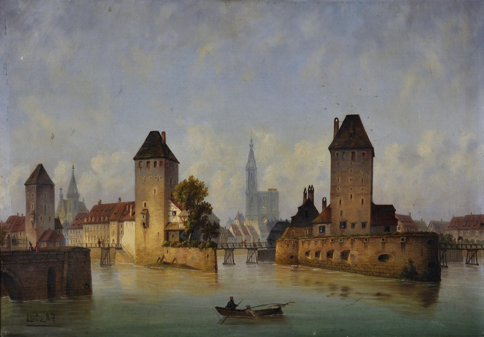Attributed to Karl Lotz (1833-1904) German.: Attributed to Karl Lotz (1833-1904) German. View of a European City from the River, with a Cathedral in the distance, Oil on Canvas, Signed and Dated '87, and Inscribed on a label on the reverse, 14.7