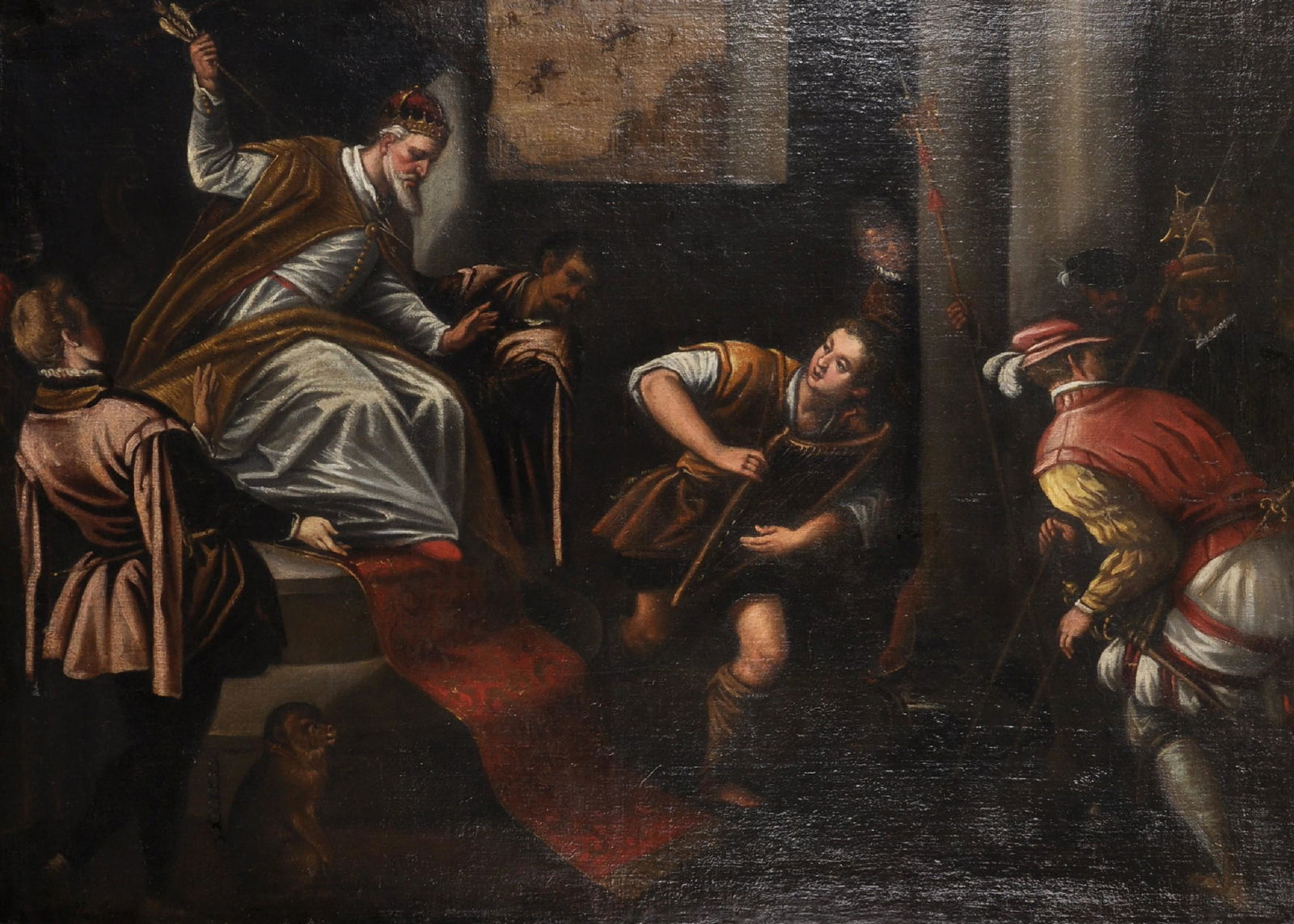 Attributed to Gerolamo Ponte Da Bassano (1566-1621): Attributed to Gerolamo Ponte Da Bassano (1566-1621) Italian. Interior Scene, with Saul and David holding a Harp, and Devils outside the window, Oil on Canvas, Unframed, 37" x 52.75". Provenance; Chris