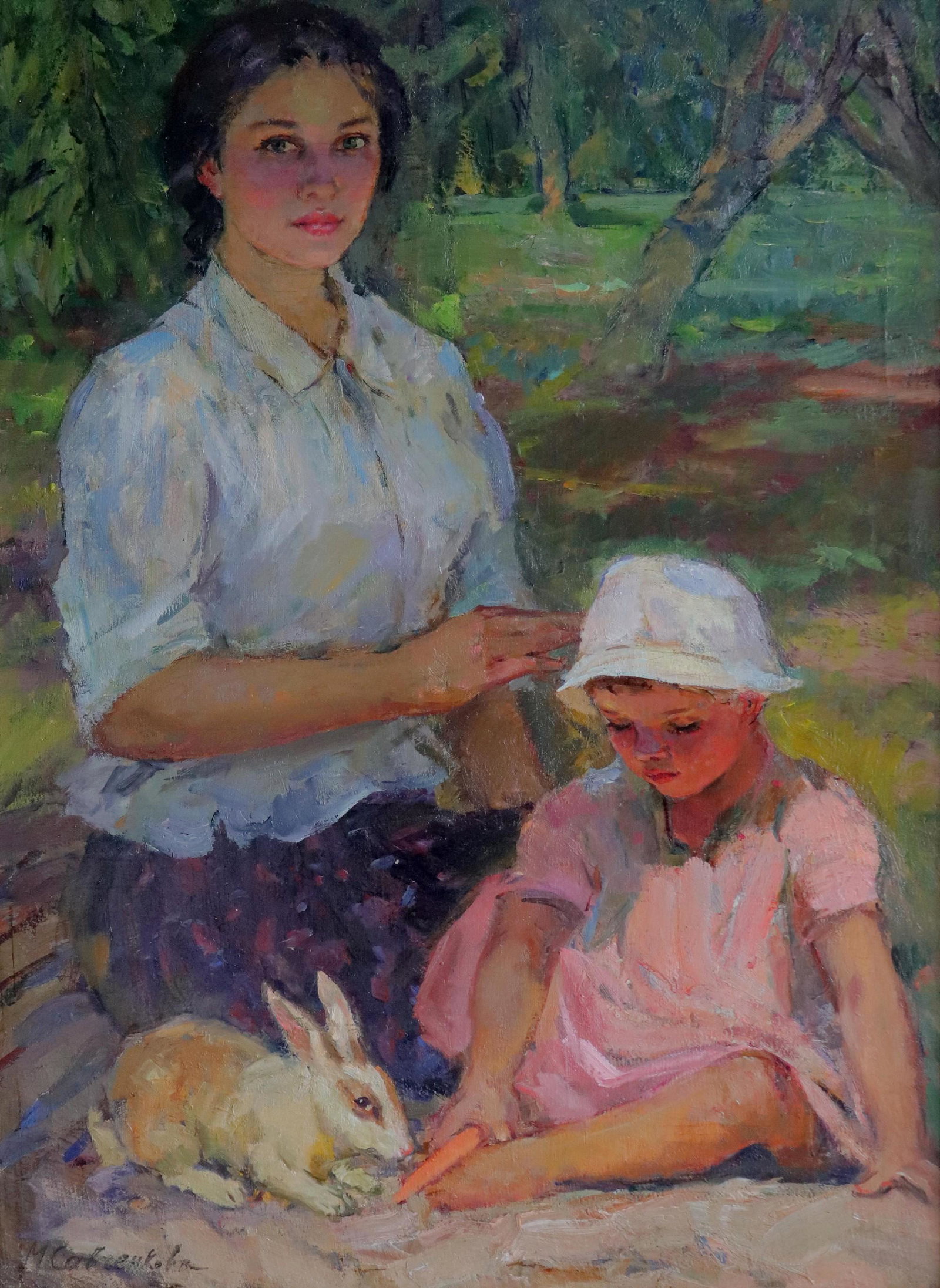 Mariya Vladimirovna Savtchenkova (1917-2015) Russian.: Mariya Vladimirovna Savtchenkova (1917-2015) Russian. "Mother and her Child", Seated in a Garden feeding a Carrot to a Rabbit, Oil on Canvas Signed in Cyrillic, and Signed and Inscribed on the reverse