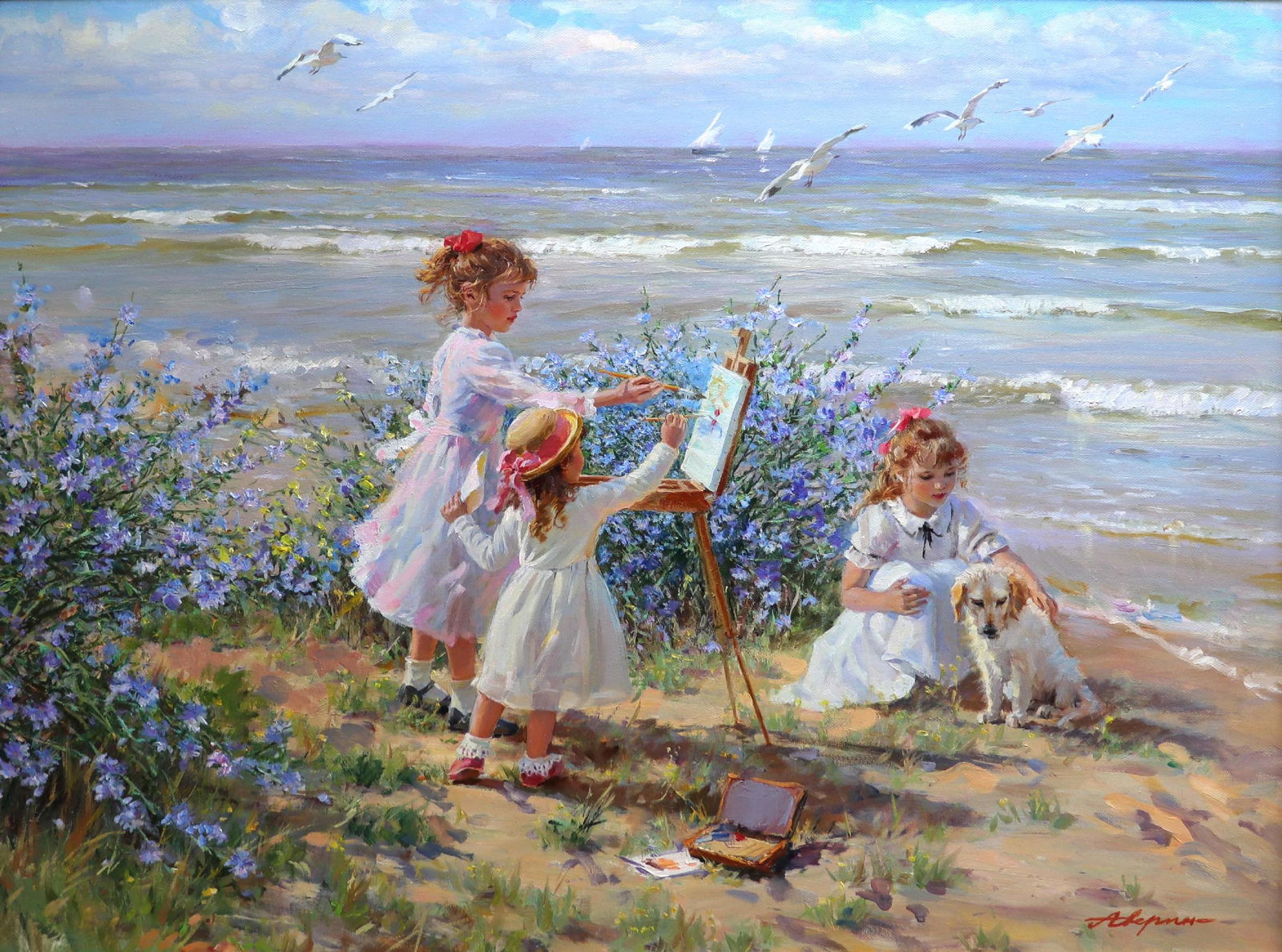 Alexander Averine (1952- ) Russian. "Three Girls on: Alexander Averine (1952- ) Russian. "Three Girls on the Seashore", with an Artist's Easel and a Young Puppy, Oil on Canvas, Signed in Cyrillic, and Signed and Inscribed on the reverse in Cyrillic, 23.