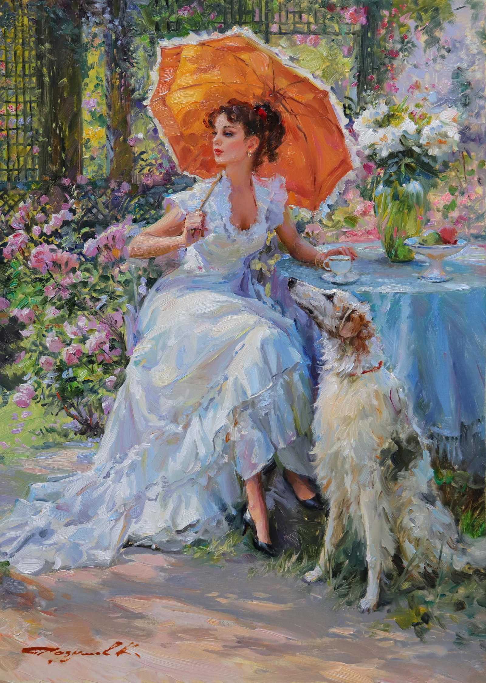 Konstantin Razumov (1974- ) Russian. "In the Rose: Konstantin Razumov (1974- ) Russian. "In the Rose Garden", a Lady dressed in White, with an Orange Parasol, and a Borzoi looking on adoringly, Oil on Canvas, Signed in Cyrillic, and Signed and Inscrib