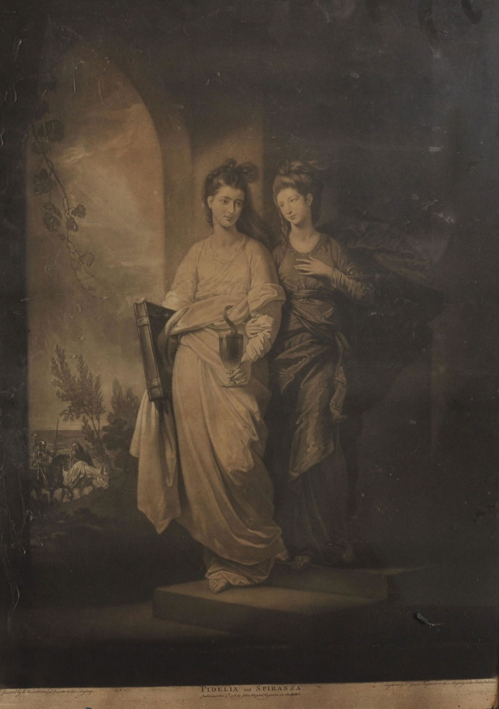 After Benjamin West (1738-1820) British. "Fidelia and: After Benjamin West (1738-1820) British. "Fidelia and Spiranza", Mezzotint, Overall 25" x 17.5", and a companion piece, a Pair (2).