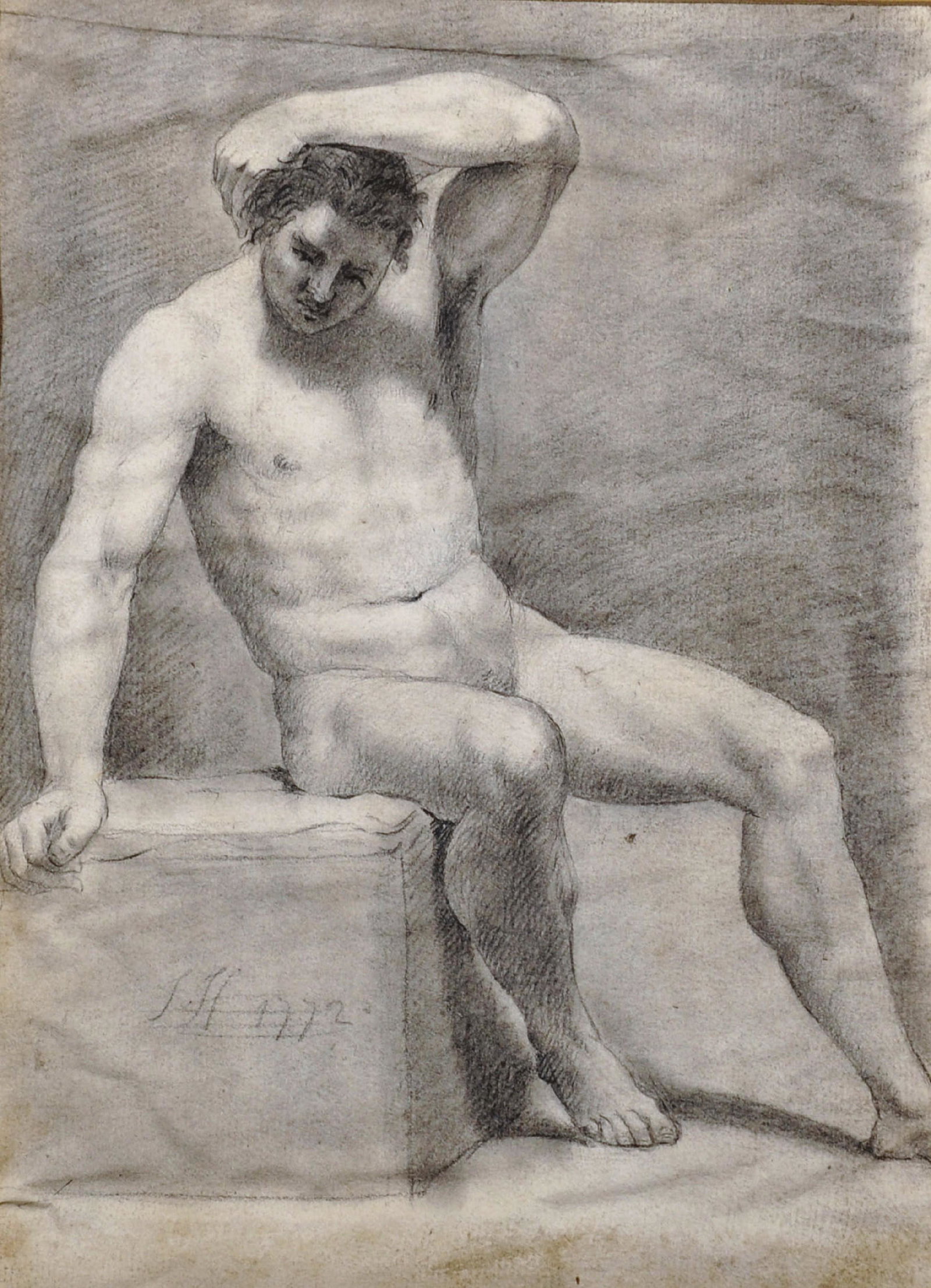 18th Century Continental School. A Seated Naked Figure,: 18th Century Continental School. A Seated Naked Figure, Pencil, Signed with Initials 'JH' and Dated 1772, Unframed, 10.5" x 7.5".