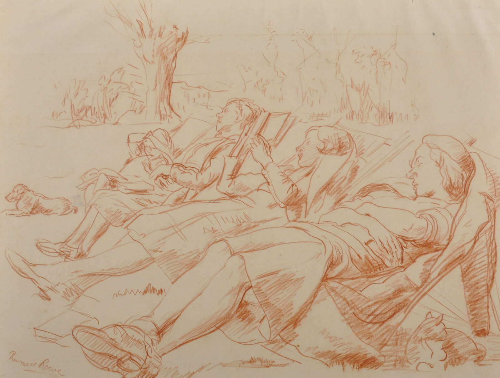 Russell Sidney Reeve (1895-1970) British. Four Ladies: Russell Sidney Reeve (1895-1970) British. Four Ladies in Deck Chairs, Sanguine, Signed, Unframed, 13.5" x 17.5", and Nine others by the same hand, Ten (10).