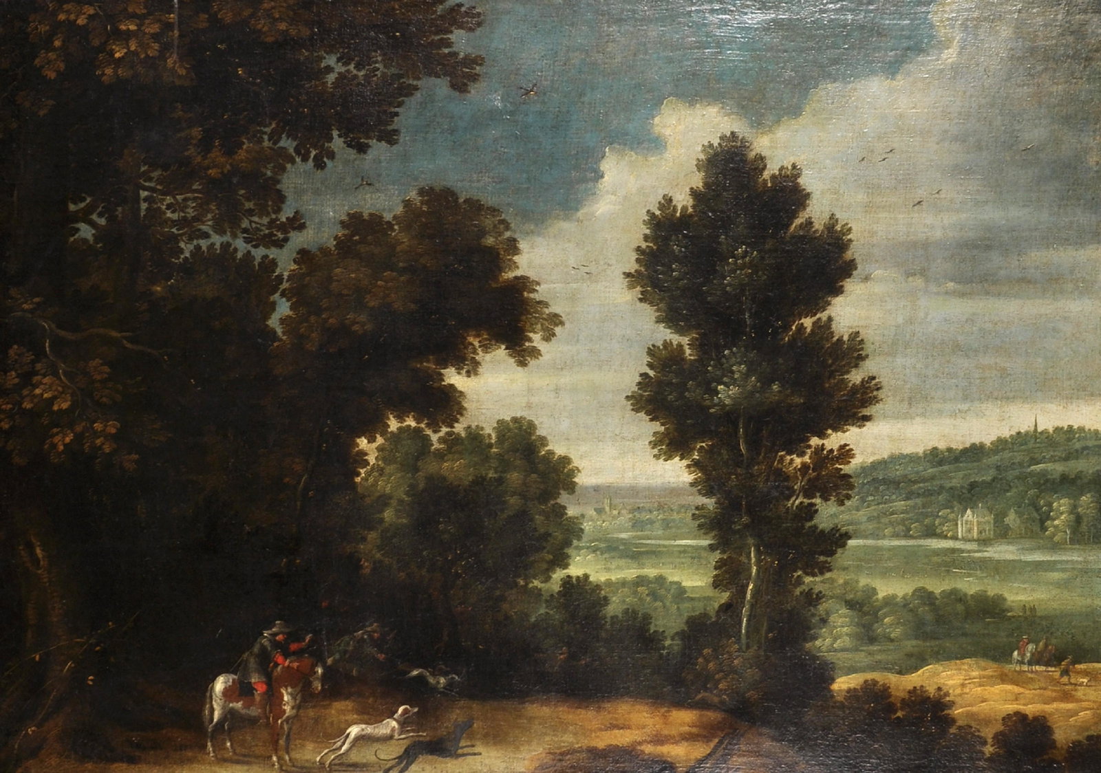 Circle of Joos de Momper (1564-1635) Flemish. A Hunting: Circle of Joos de Momper (1564-1635) Flemish. A Hunting Scene, with Figures on Horseback and Dogs Hare Coursing, with Hawks flying overhead, in an Extensive River Landscape, Oil on Canvas, 35.5" x 51.
