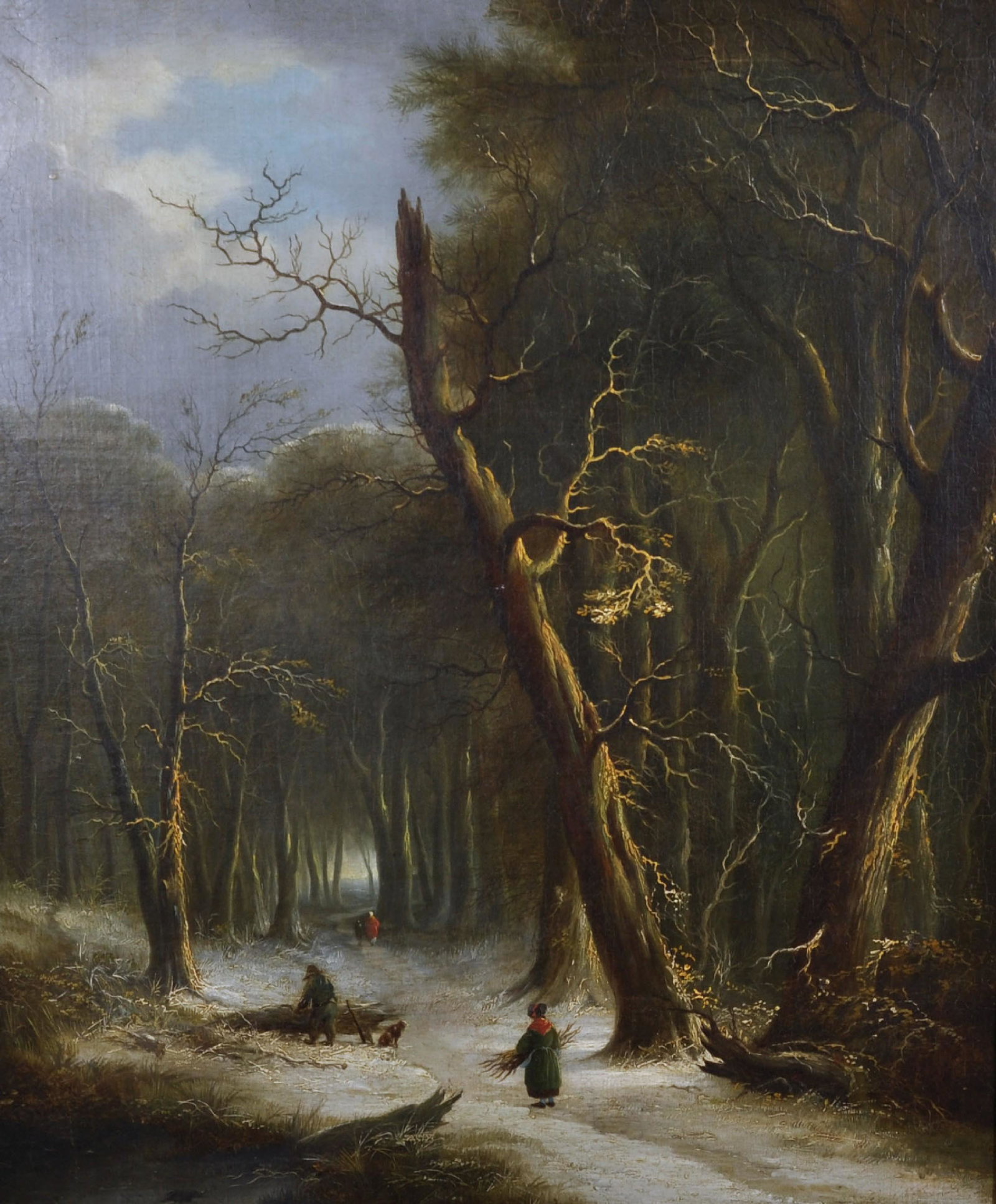 19th Century English School. A Snow Covered Wooded: 19th Century English School. A Snow Covered Wooded Landscape, with Figures collecting Wood in the foreground, Oil on Canvas, in a Carved Wood Frame, 30" x 25".