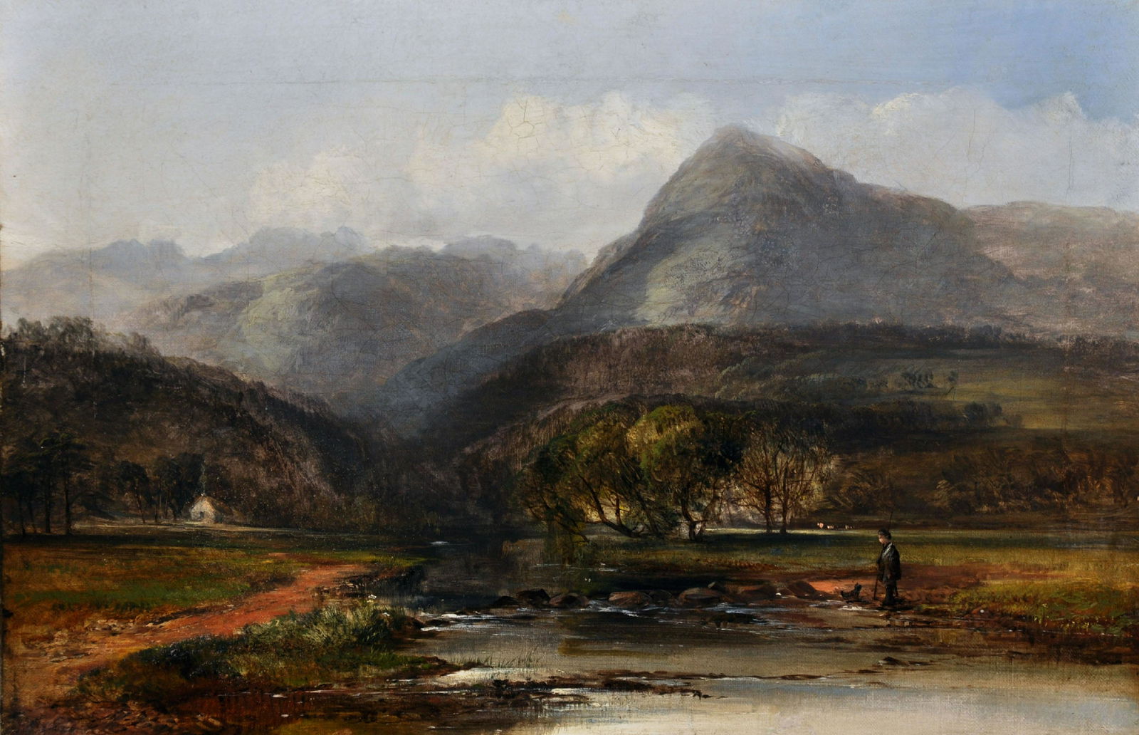 Thomas Creswick (1811-1869) British. A Mountainous: Thomas Creswick (1811-1869) British. A Mountainous River Landscape, with a Man and Dog in the foreground, Oil on Canvas, Indistinctly Signed, Unframed, 12" x 18".