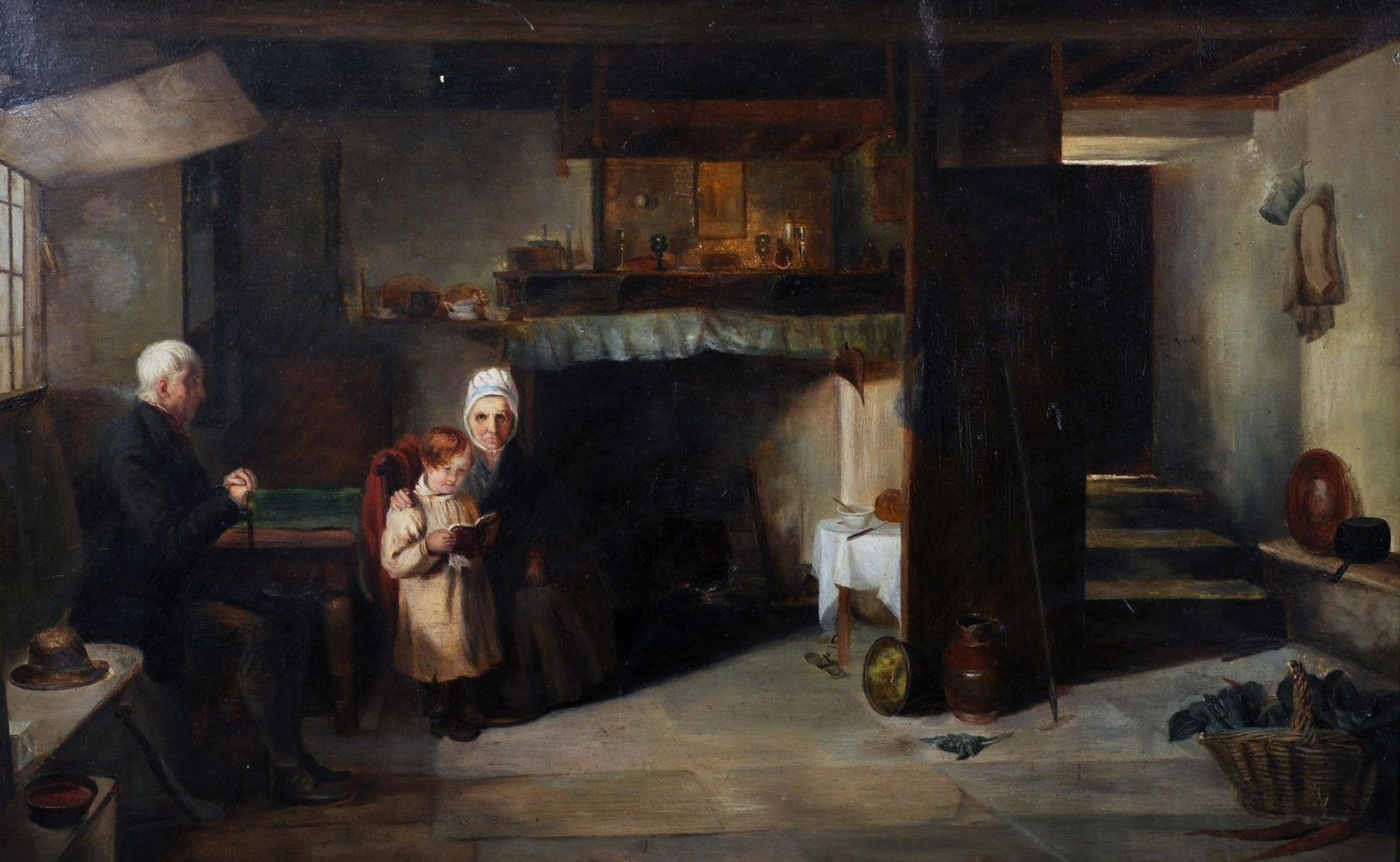 Circle of Frederick Daniel Hardy (1826-1911) British. A: Circle of Frederick Daniel Hardy (1826-1911) British. A Kitchen Interior, with a Young Boy reading a Book, Oil on Board, 15.5" x 24".