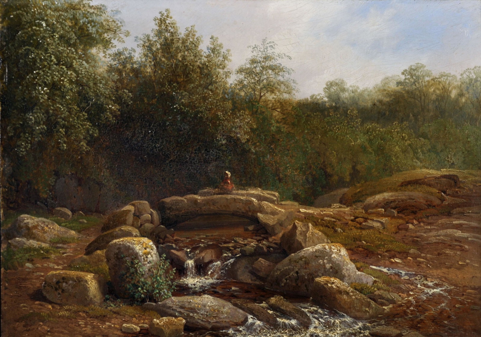 19th Century English School. A Rocky River Landscape,: 19th Century English School. A Rocky River Landscape, with a Young Girl on a Stone Bridge, Oil on Board, 10.5" x 14.5".