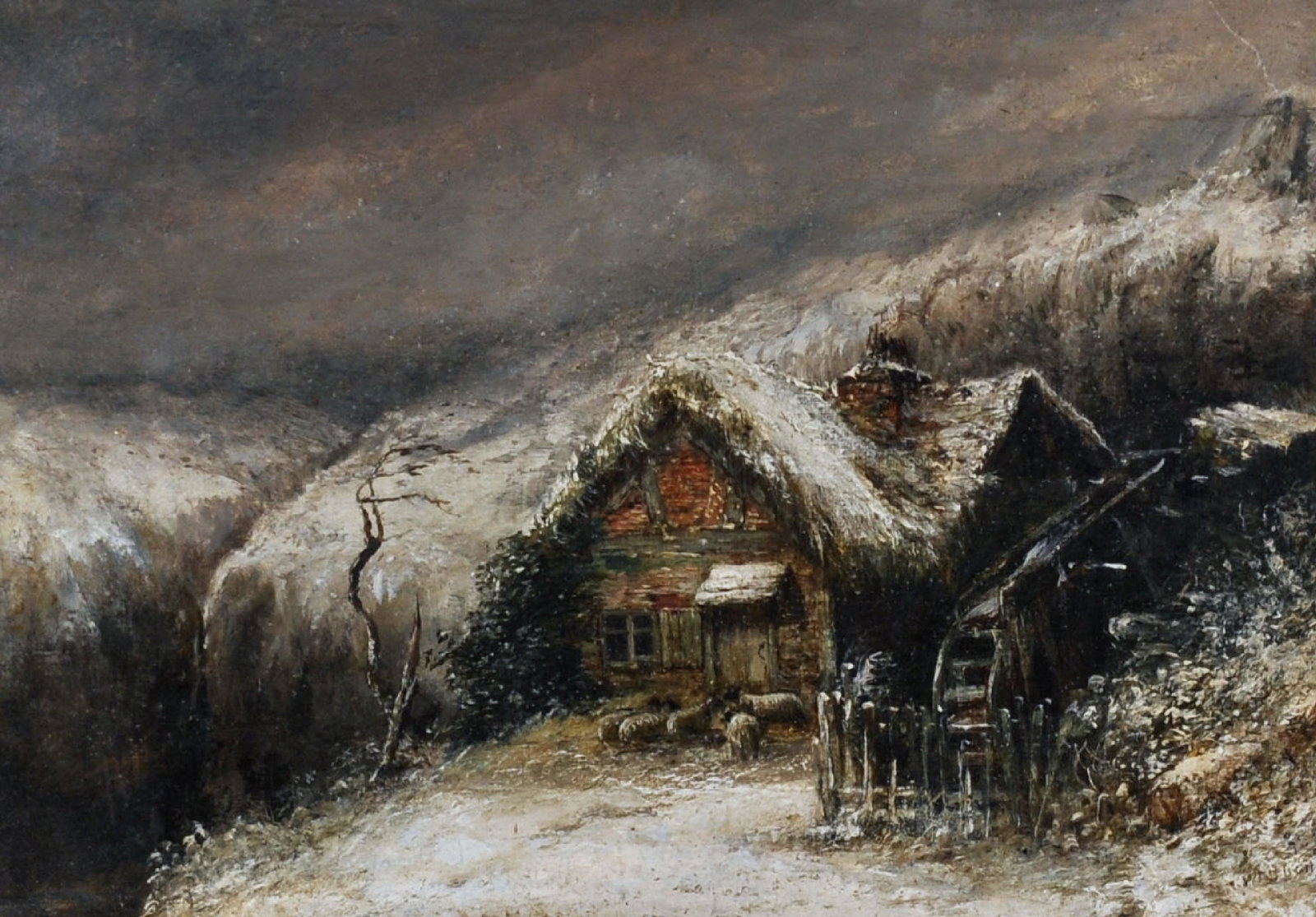 William Thomas Such (1820-1893) British. A Winter: William Thomas Such (1820-1893) British. A Winter Scene, with Sheep by a Thatched Cottage, Oil on Canvas, Signed, 7" x 10".