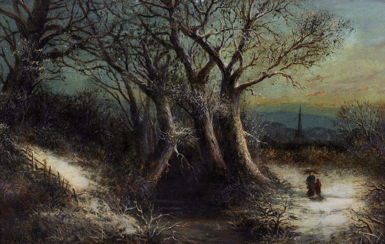 William Thomas Such (1820-1893) British. A Winter: William Thomas Such (1820-1893) British. A Winter Landscape, with Figures on a Path, a Church in the distance, Oil on Canvas, Signed, 8" x 12".